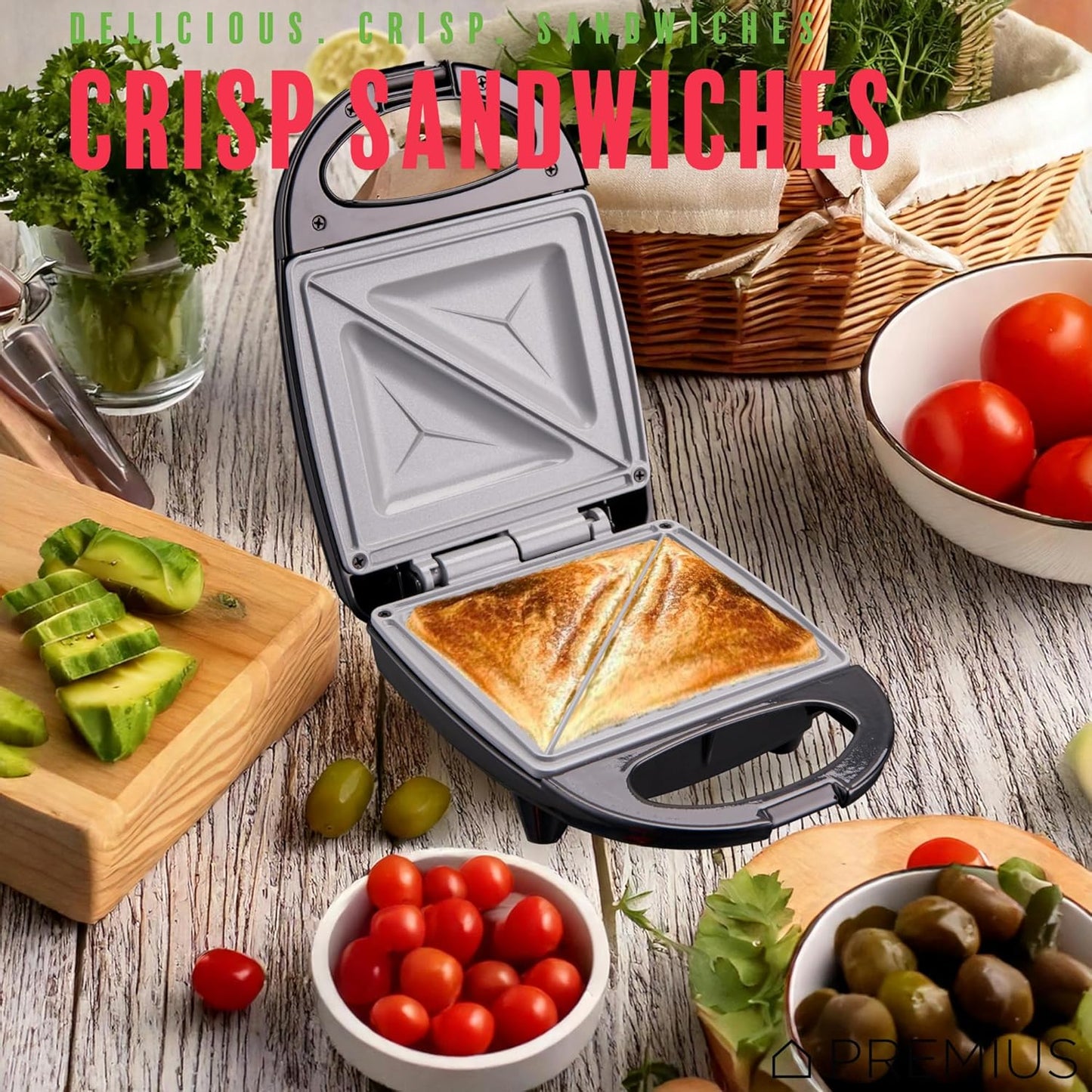PREMIUS Ceramic NonStick Mini Snack Sandwich Maker, Indicator Light, 5x4.4 Inch Mold, Great for French Toast, Tuna Melt, Egg & Grilled Cheese, Pancake Sandwich, Desserts, Toasties, 520 W (Red)