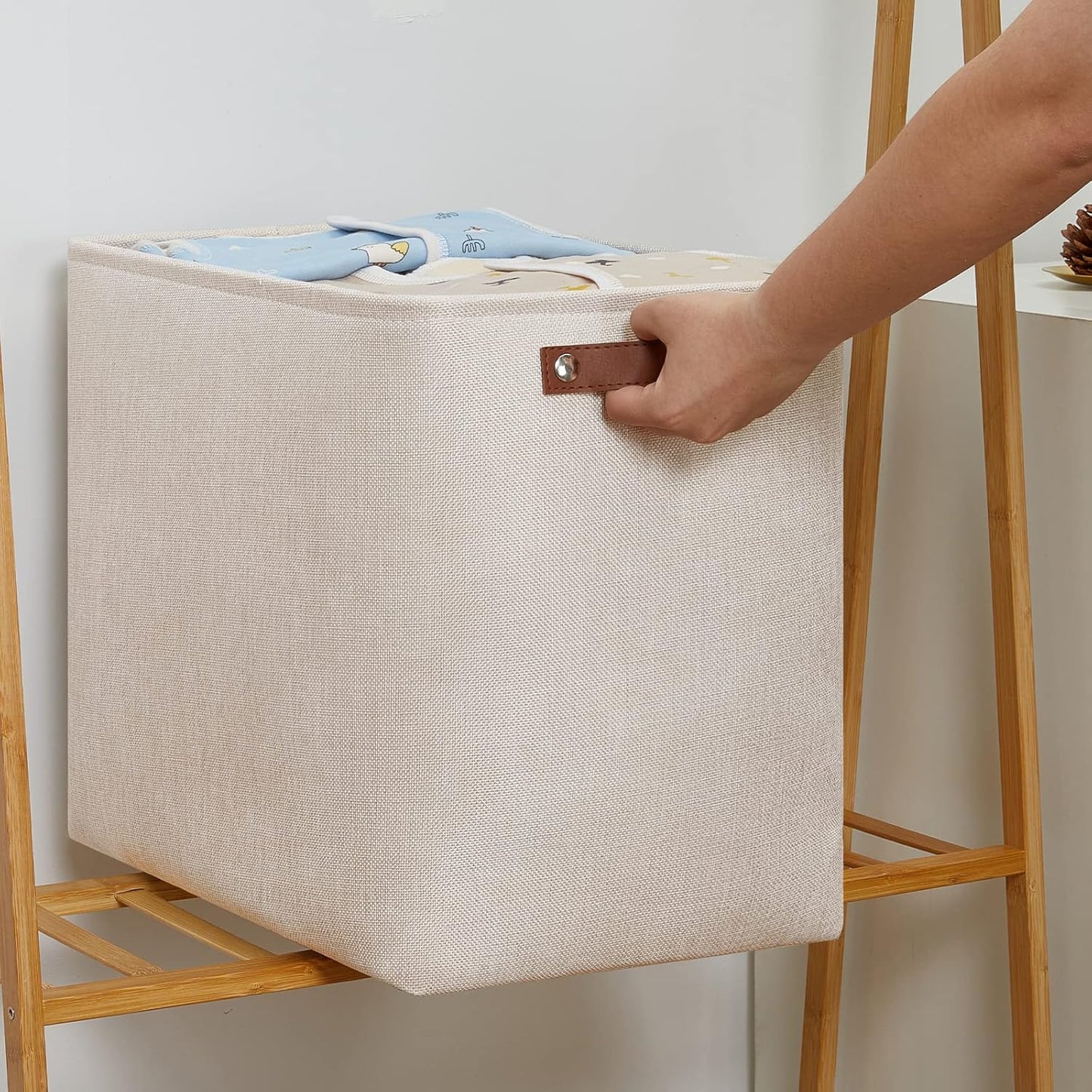DULLEMELO Storage Baskets for Shelves, Fabric Collapsible Rectangular Storage Bins for Shelves, Closets, Nursery, Home, Office, Empty Gift Baskets (White&Teal)