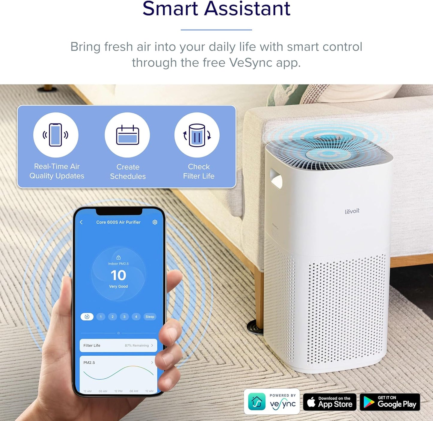 LEVOIT Air Purifiers with Washable Filters for Large Room Bedroom Home, Smart WiFi Air Quality Monitor, HEPA Sleep Mode and Auto Mode, Removes Pet Hairs, Allergies, Pollen, Smoke, Dust, Vital100S