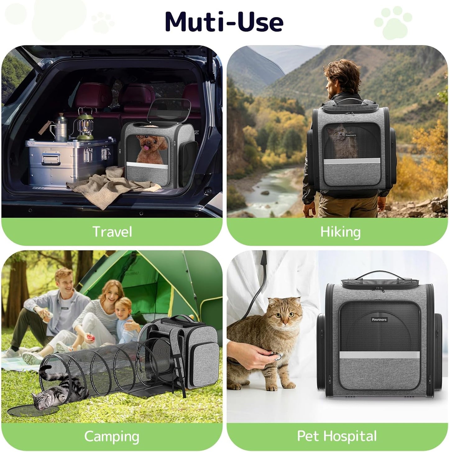 Cat Carrier Backpacks Pawtners Expandable Cat Backpack with Breathable Mesh, Pet Carrier Backpack for Cats Small Dogs Puppies Up to 25 LBS, Dog Carrier Backpack for Travel Hiking Camping Outdoor