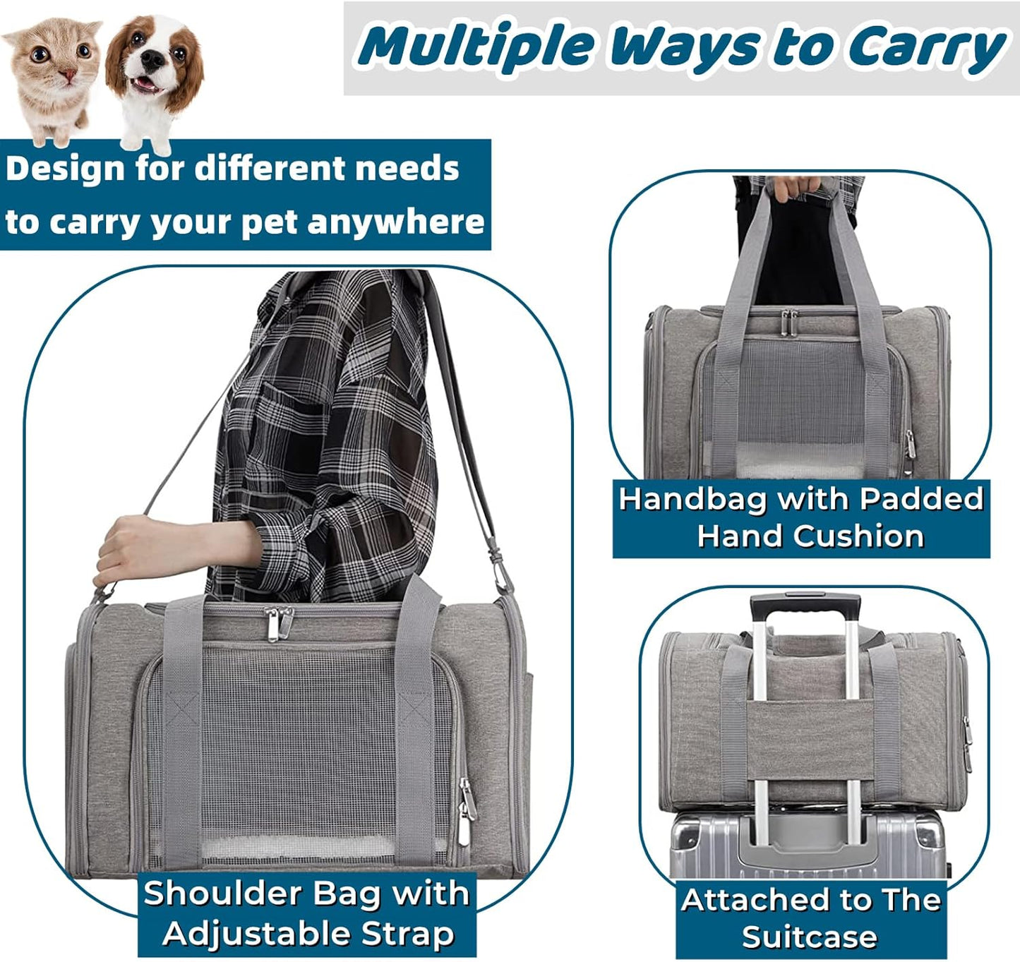 ORYEDA Cat Carrier Bag, Dog Travel Carriers, Airline Approved Soft-Sided Pet Carrier for Small Medium Cats and Small Dogs, Portable Carrier with 4 Open Doors and 3 Mesh Windows, Grey, Collapsible
