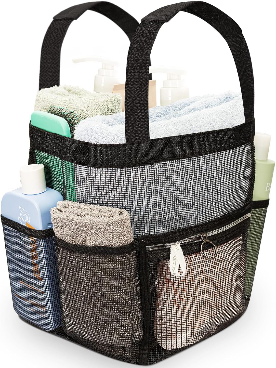 Mesh Shower Caddy Portable 10.2x9.9'' Shower Bag with Zipper & 2 Pockets. Shower Tote Ideal for Gym, Travel, Camp, Beach, for Sunscreen, Dorm & College Essentials (Black)