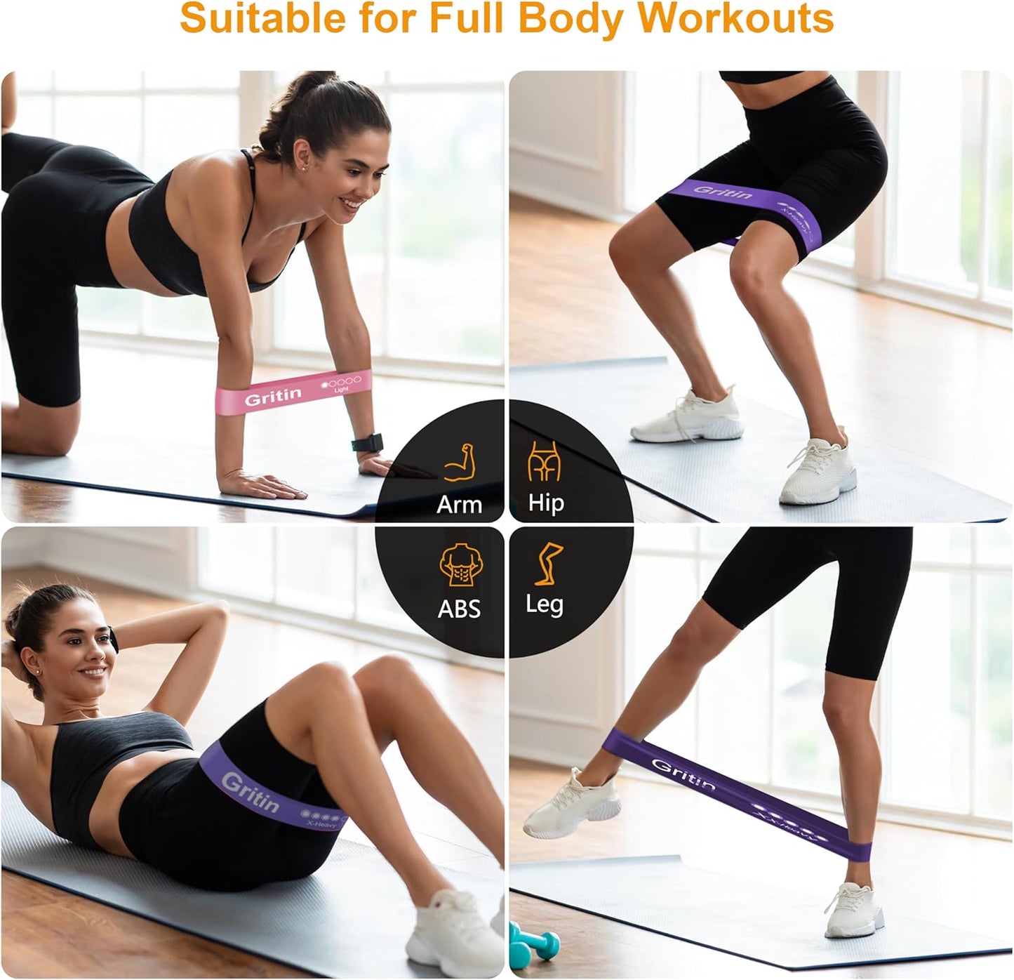 Gritin Resistance Bands, Set of 5 Skin-Friendly Resistance Fitness Exercise Loop Bands with 5 Different Strength Levels - Travel Carrying Case Included - Ideal for Home, Gym, Yoga, Training