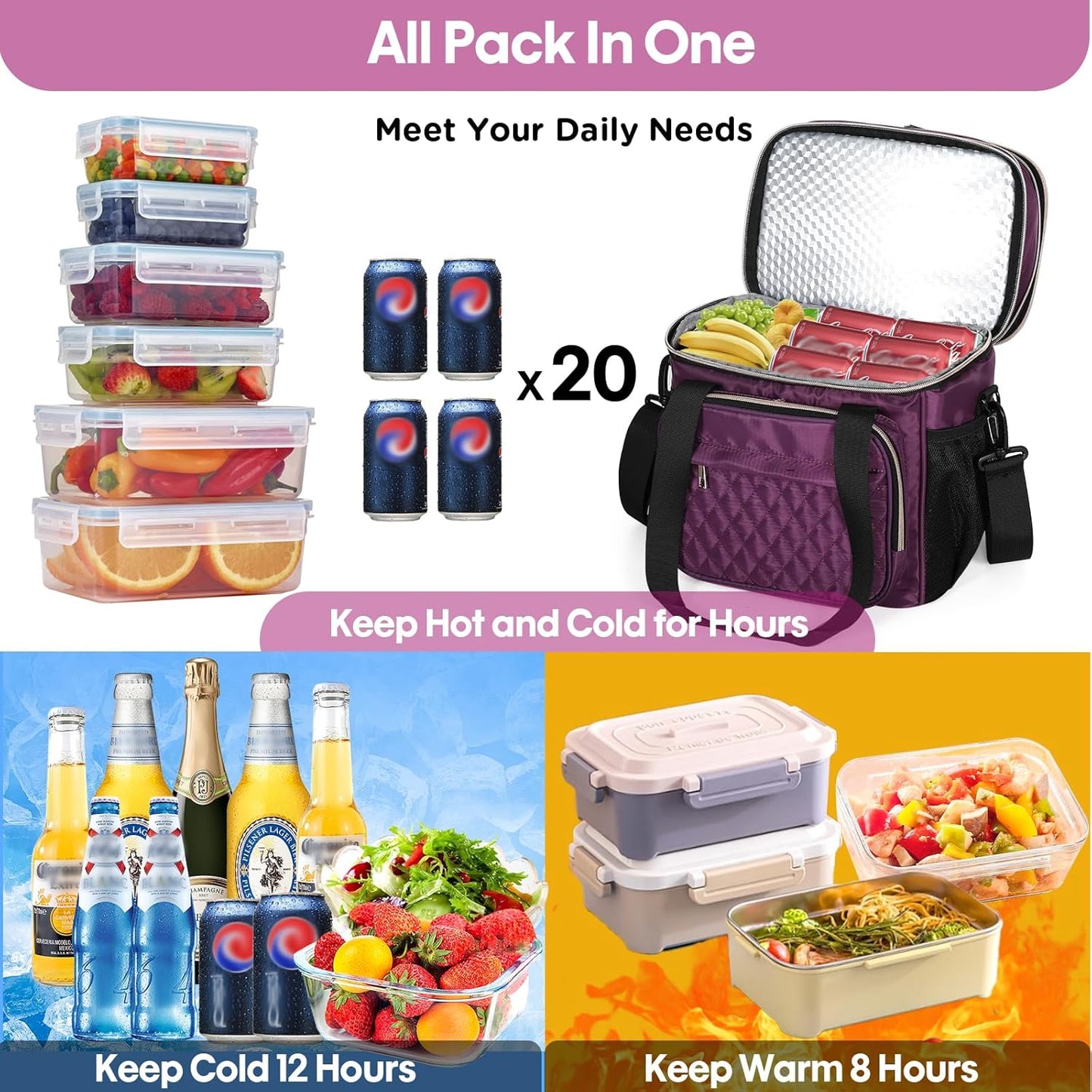 Expandable Large Lunch Bag, Double Deck Insulated Lunch Box Leakproof Durable Soft Cooler Bag for Men Women Adults Work Construction Beach Picnic Daytrip,16L,Black, GLENKEY