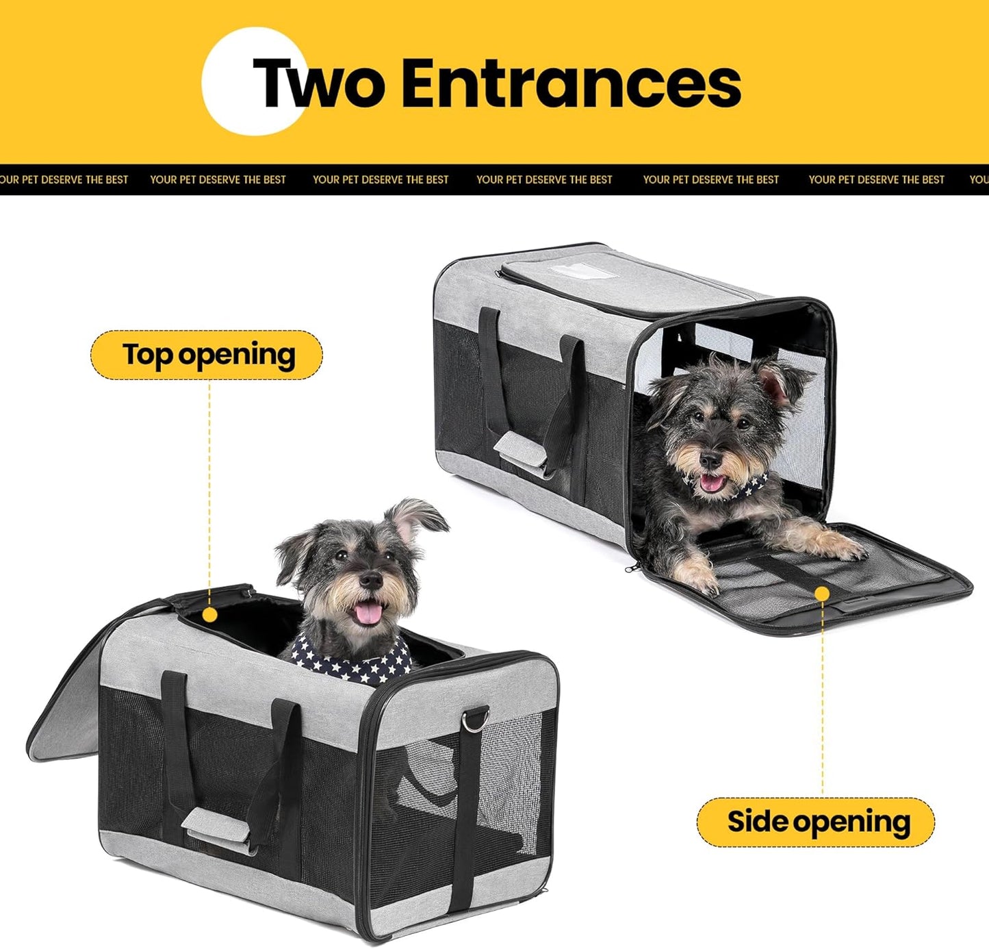 Conlun Cat Carrier Airline Approved, Soft-Sided Dog Carrier with Inner Safety Leash, Pet Transport Carrier for Small-Medium Cats Puppies up to 15 Lbs, Collapsible Travel Kitten Carrier Bag -Black M