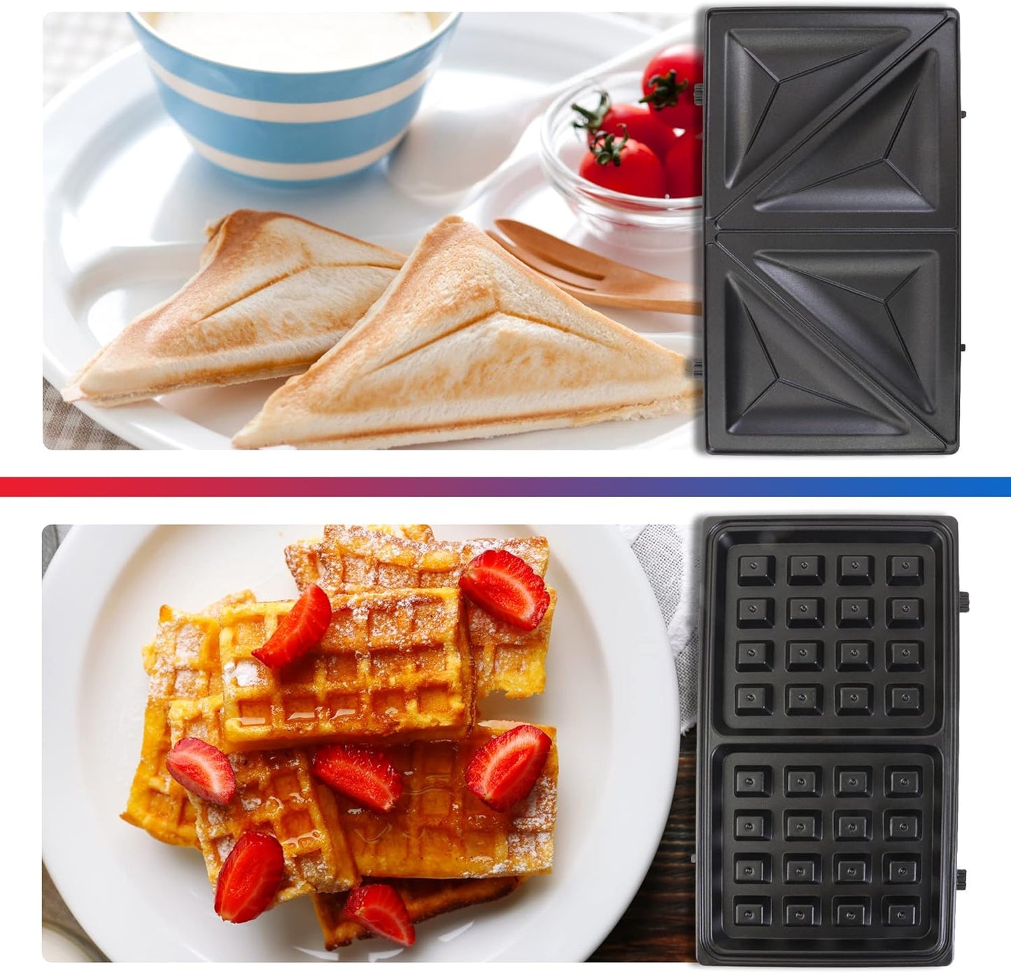 Total Chef 4 in1 Grill Waffle Maker - Mini Belgium Gaufre, Sandwich, Panini Press Machine, Electric, Non-Stick Removable Plates, Easy To Clean Countertop Cooking Kitchen Appliance For Breakfast