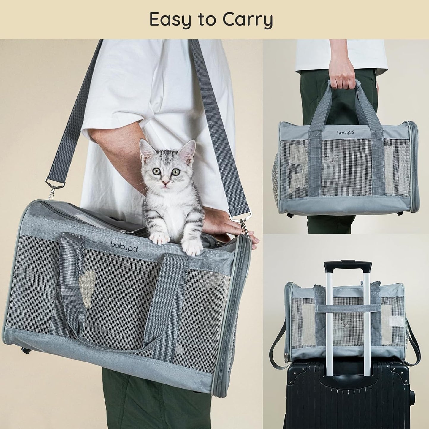 BELLA & PAL Cat Carrier Travel Bag, Airline Approved Lightweight Cat Carrier, Soft Sided Pet Carrier for Puppy Dogs Up to 18lbs, Collapsible Kitten Bag with Removable Waterproof Mat, Ventilated Mesh