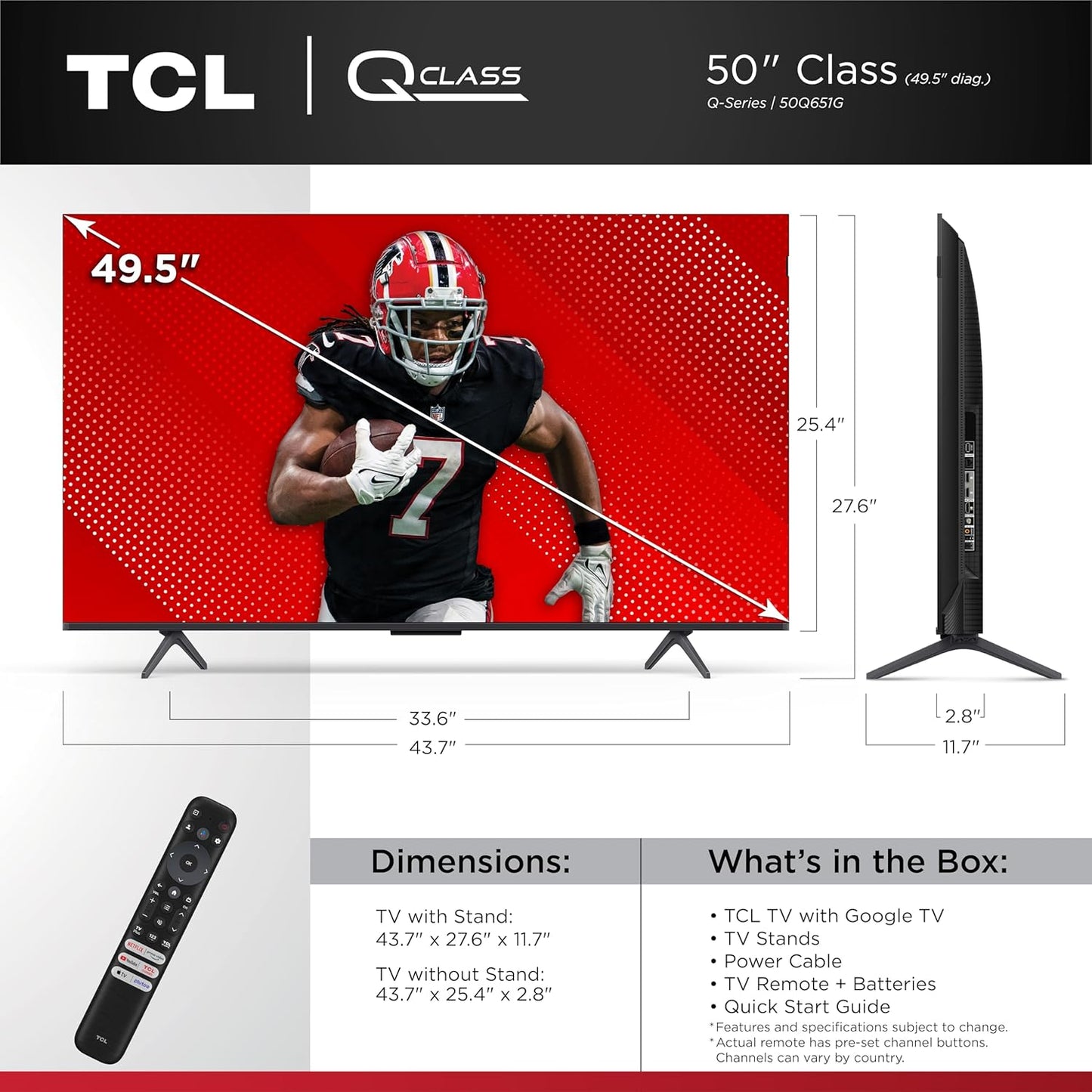 TCL 50-Inch Q65 QLED 4K UHD Smart TV with Google TV (50Q651G-CA, 2024 Model) Dolby Vision, Dolby Atmos, HDR Pro+, Voice Remote, Works with Alexa, Streaming Television