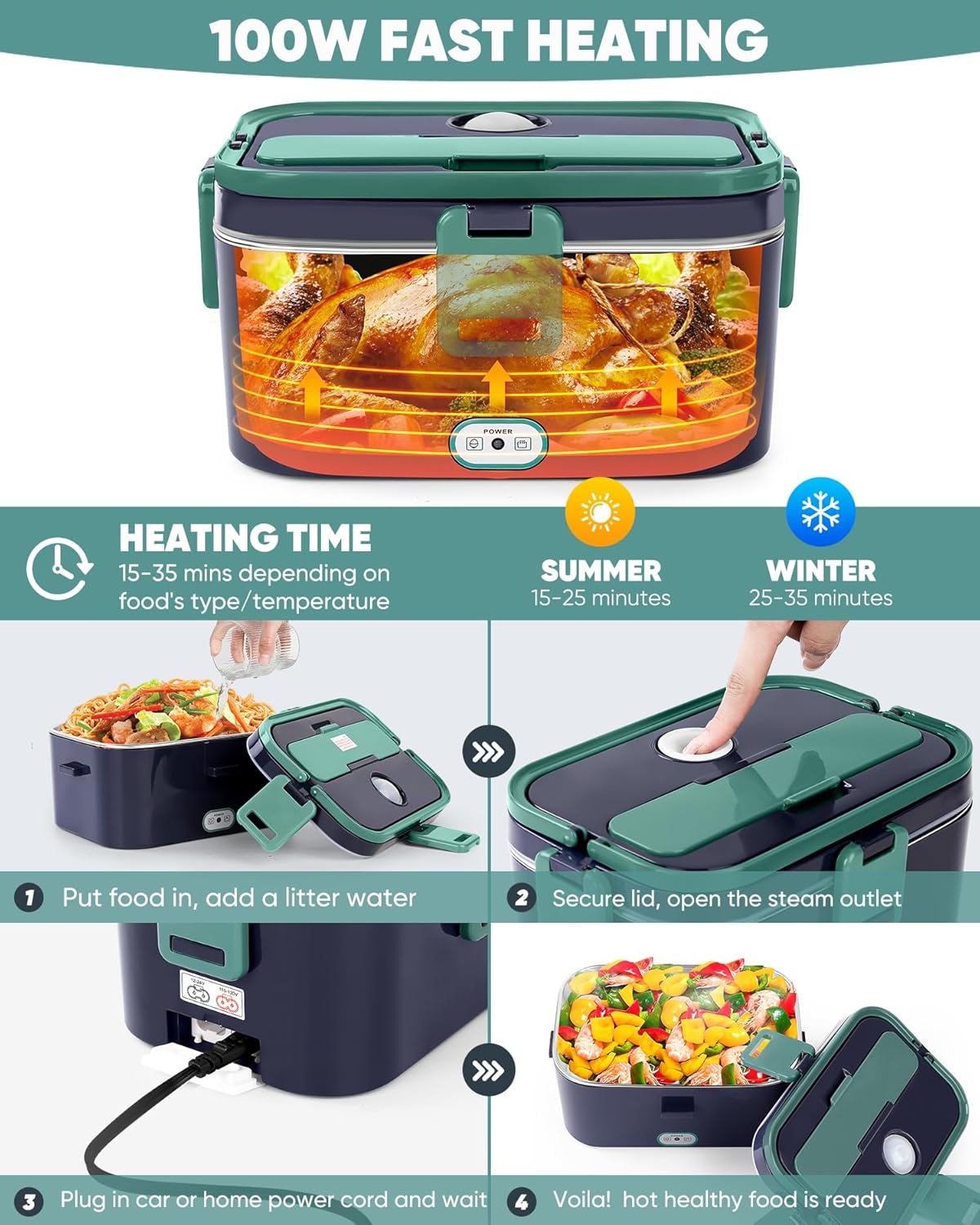 Eocolz Electric Lunch Box Food Heater, 100W - 1.8L Stainless Steel Container 12V/24V/110-230V Portable Food Warmer Lunch Box for Car/Truck/Home, 3 in 1 Lunch Boxes with Spork & Insulated Carry Bag