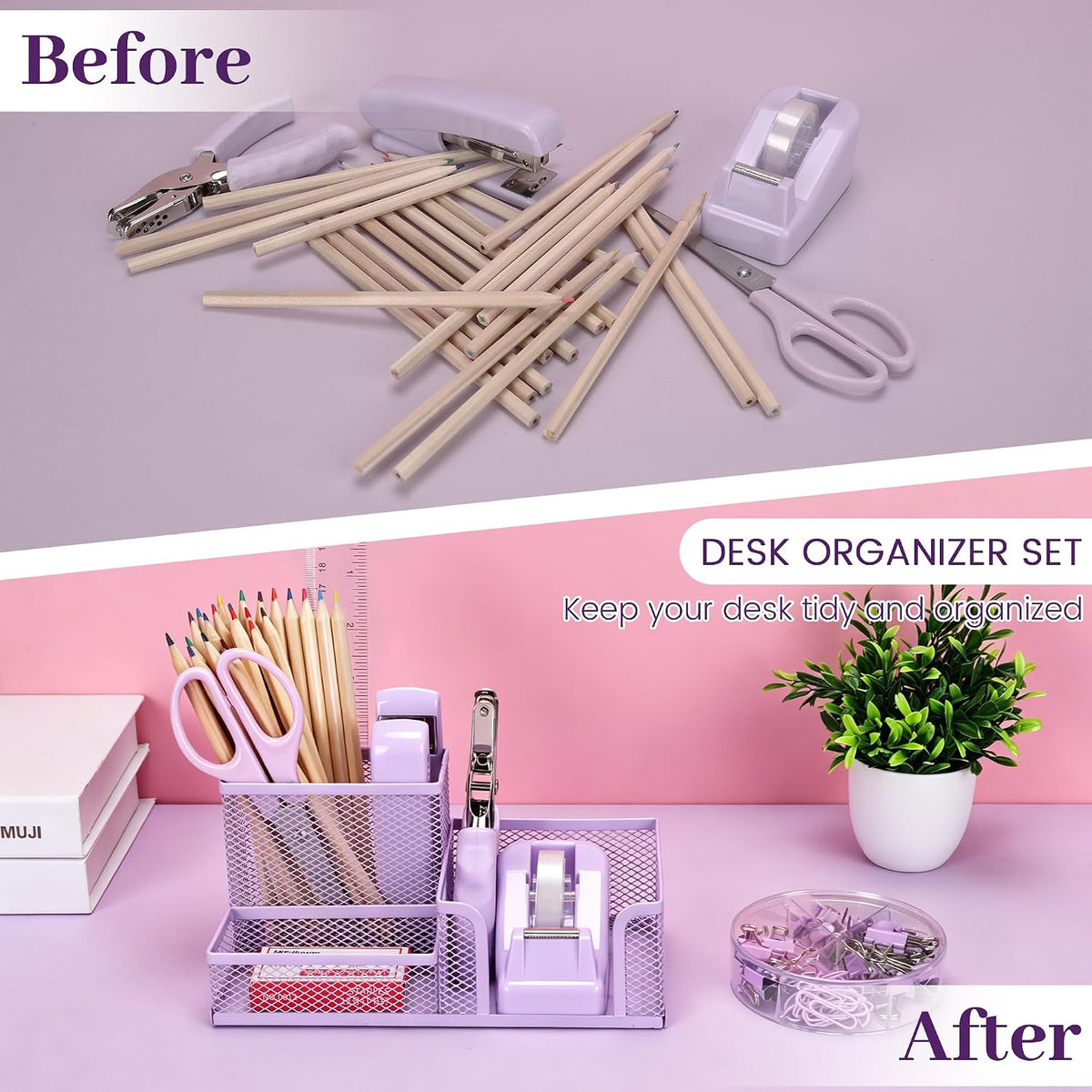 Purple Office Desk Accessories, 9 Pcs Desk Organizers and Accessories with Mesh Pen Holder, Stapler, Tape Dispenser, Hole Punch, Office Supplies Set for Office Home School Women Students Gift