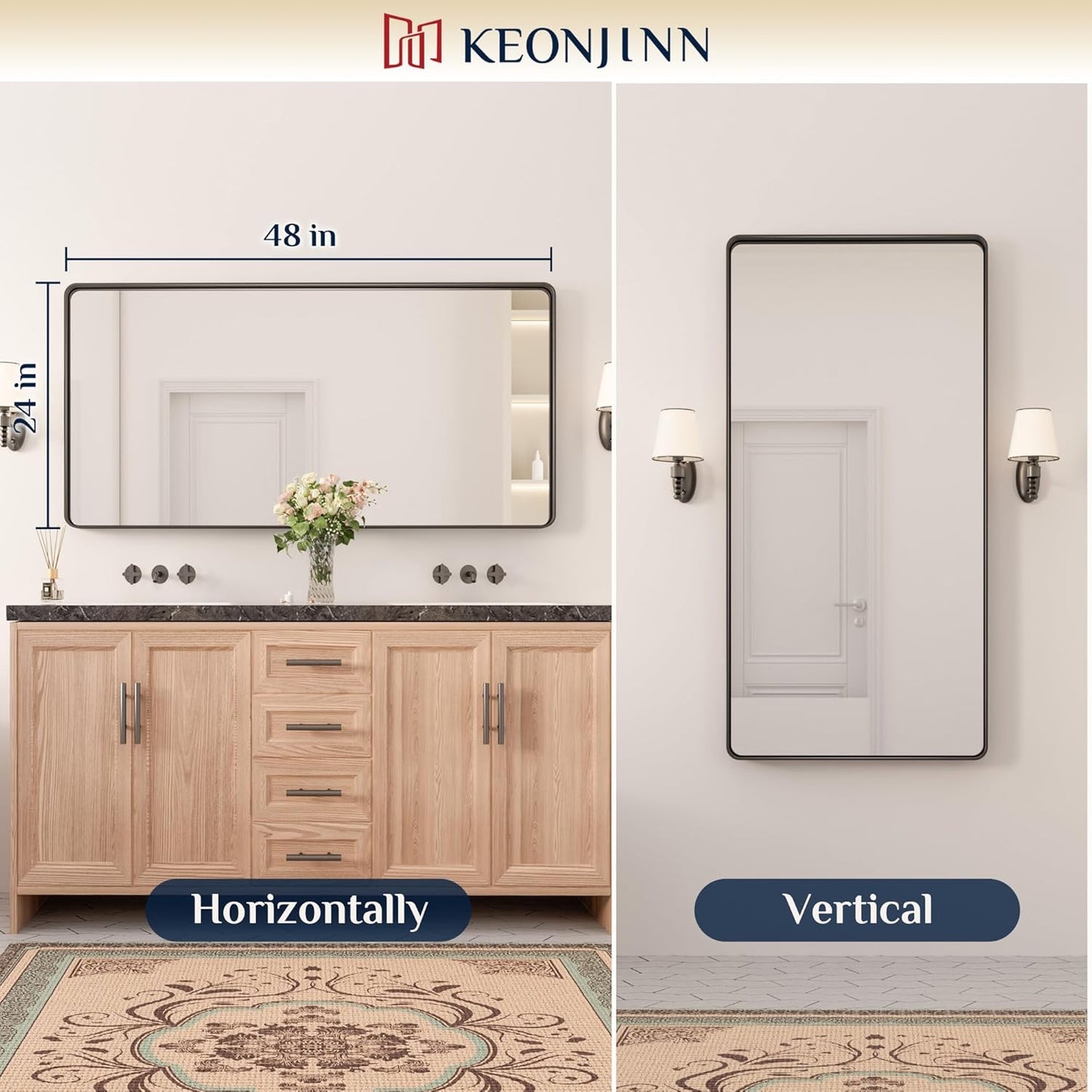 Keonjinn 42 x 36 Brushed Nickel Bathroom Vanity Mirror, Large Rounded Rectangle Bathroom Mirrors for over Sink, Metal Framed Silver Mirror for Wall, Shatterproof HD Tempered Glass(Horizontal/Vertical)