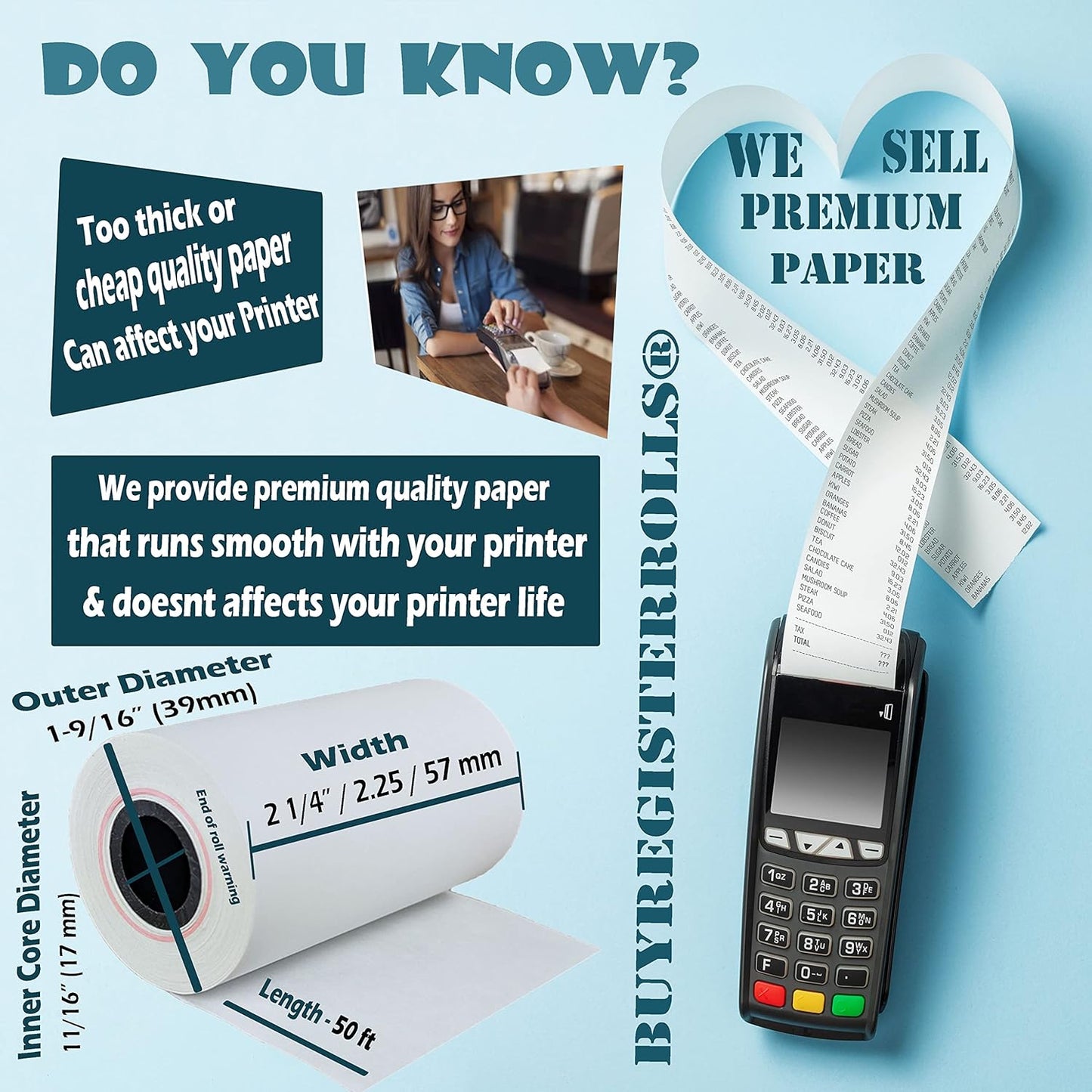 (50 Rolls) 2 1/4 x 50 Thermal Paper Receipt Rolls 2.25 x 50 ft POS Cash Register fits All Credit Card Terminals