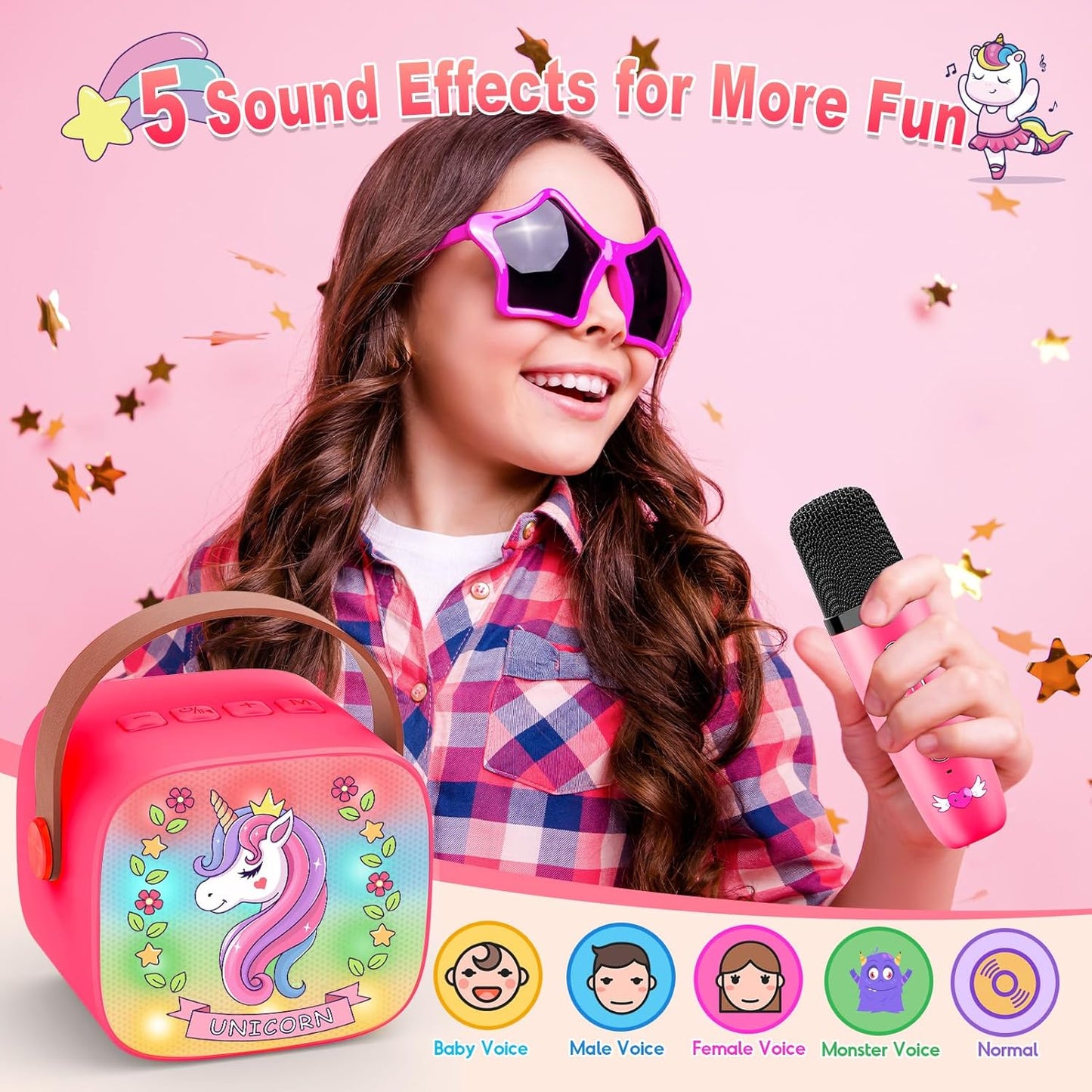 Mini Karaoke Machine for Kids, Exssary 3 4 5 6 7 8-12 Year Old Girl Gifts Portable Bluetooth Speaker with 2 Wireless Microphone Unicorn Toys Birthday Gifts for Girls Kids Teens (Pink)