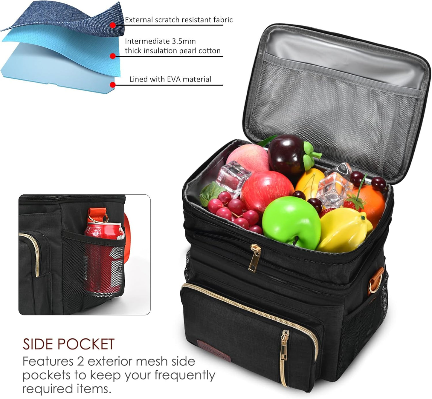 Lunch Bag for Women Men Double Deck Lunch Box - Leakproof Insulated Soft Large Lunch Cooler Bag, MIYCOO (Black,15L)