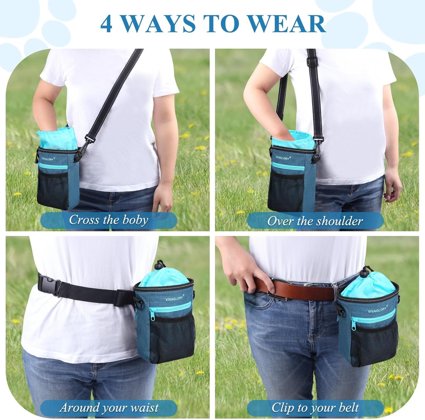 VIVAGLORY Dog Training Treat Pouch, 4Ways to Wear Dog Treat Bags, Built in Dog Waste Bag Dispenser Treats Training Bags with Reflective Adjustable Shoulder Strap, Heather Blue