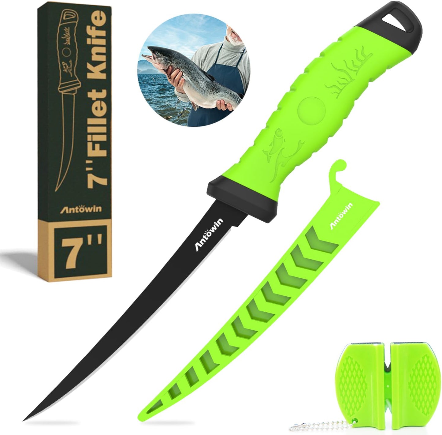 8 Inch Fishing Fillet Knife, Professional Level Knives for Filleting Fish and Boning Meat, Sharp Stainless-Steel Non-Stick Coating Blade, Non-Slip Handles, with 1 Two Stage Knife Sharpener