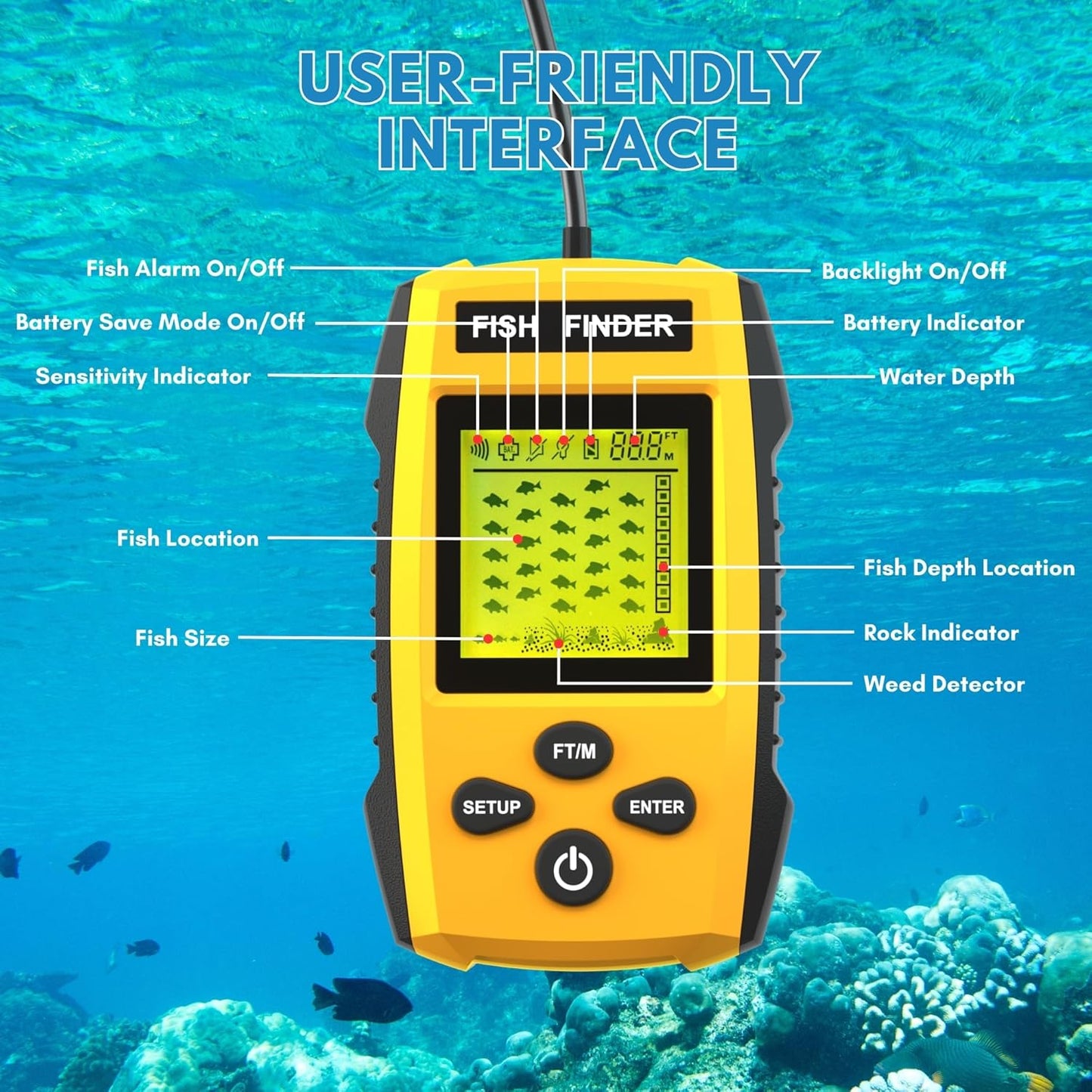 Portable Sonar Alarm Fish Finder with Sonar Transducer and LCD Display, for Kayak Fishing Boat Fishing Ice Fishing