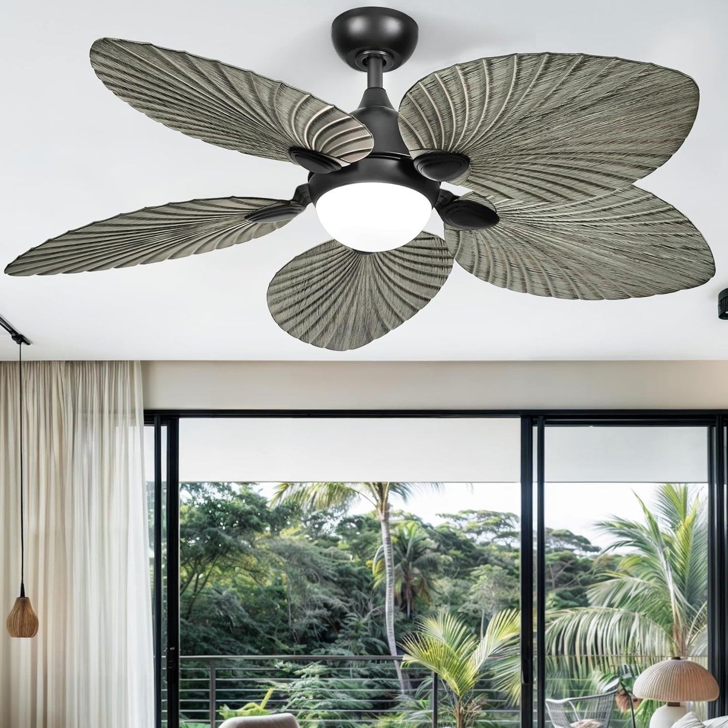 DWVO 52" Ceiling Fans with Lights, Tropical Ceiling Fan with Lights and remote, LED Tri-Color Temperature, Reversible 6 Speeds w/Quiet DC Motor for Living Room, Dining Room, Bedroom