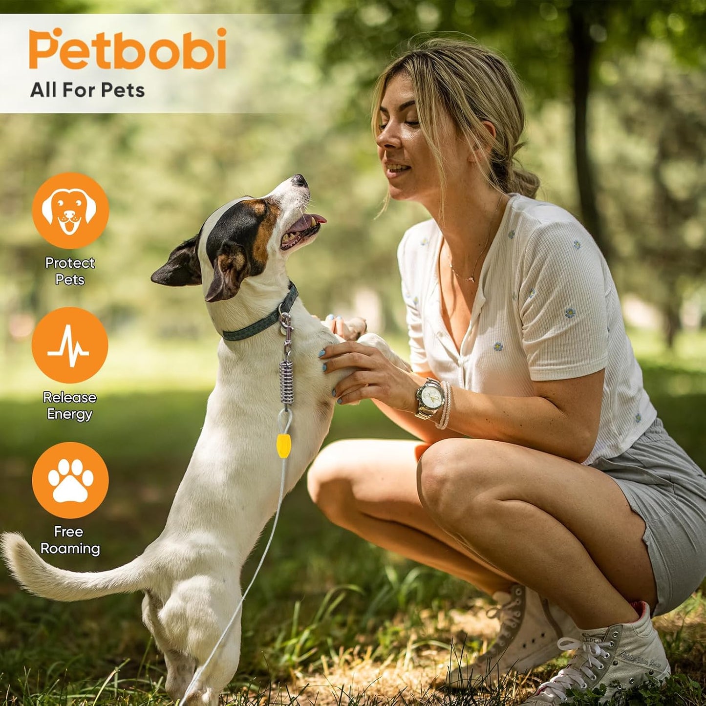 Petbobi Dog Tie-Out Cable and Stake - 30ft Heavy Duty Cable with Spring, No Tangle, 16in Ground Stake, Ideal for Yard, Camping and Beach, Suitable for Small Medium Large Dogs Up to 120 lbs, Blue