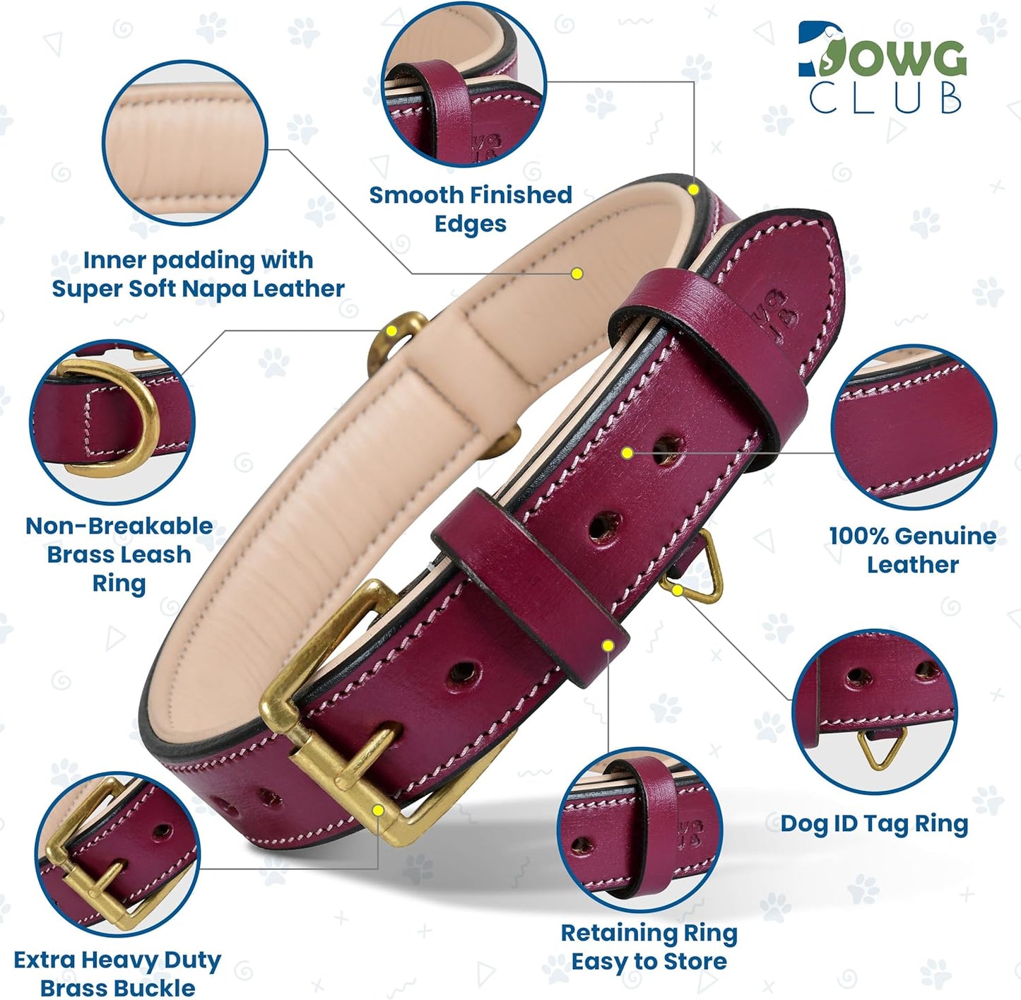 DowgClub | Genuine Leather Dog Collar | Full Grain, Heavy Duty | Comfortable, Strong | Best for Pups, Small, Medium & Large Breeds | Pink, Brown, Black, Tan