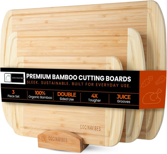 Bamboo Cutting Board Set – Non-Toxic Charcuterie & Chopping Boards for Kitchen, Large & Small Sizes, Safe Cutting Boards for Meat, Cheese, Pizza – Home & Kitchen Gift Idea