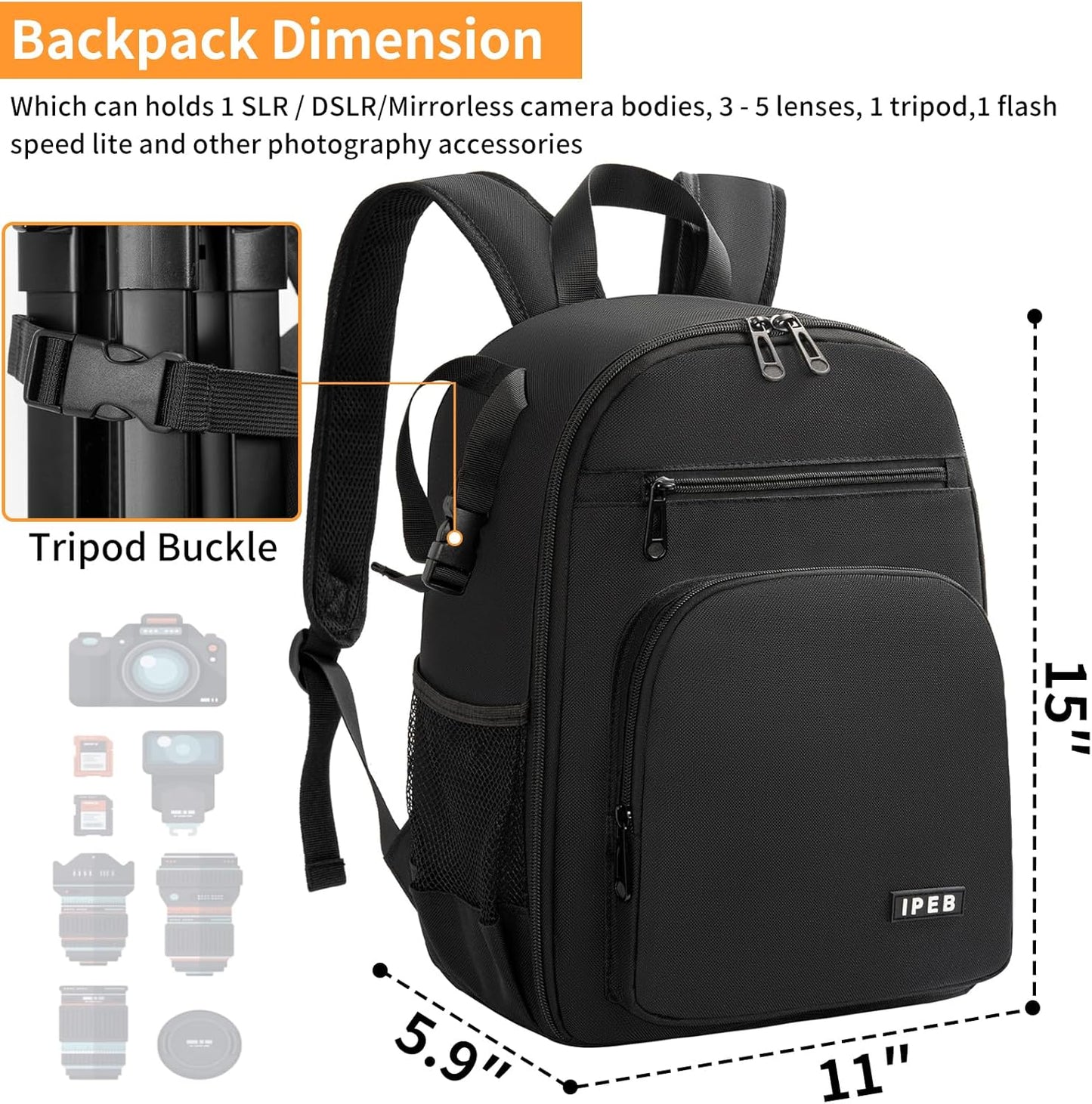 IPEB Camera Backpack Bag with Tripod Holder Water Resistant Camera Cases Photography Backpack Anti-Theft for DSLR Camera