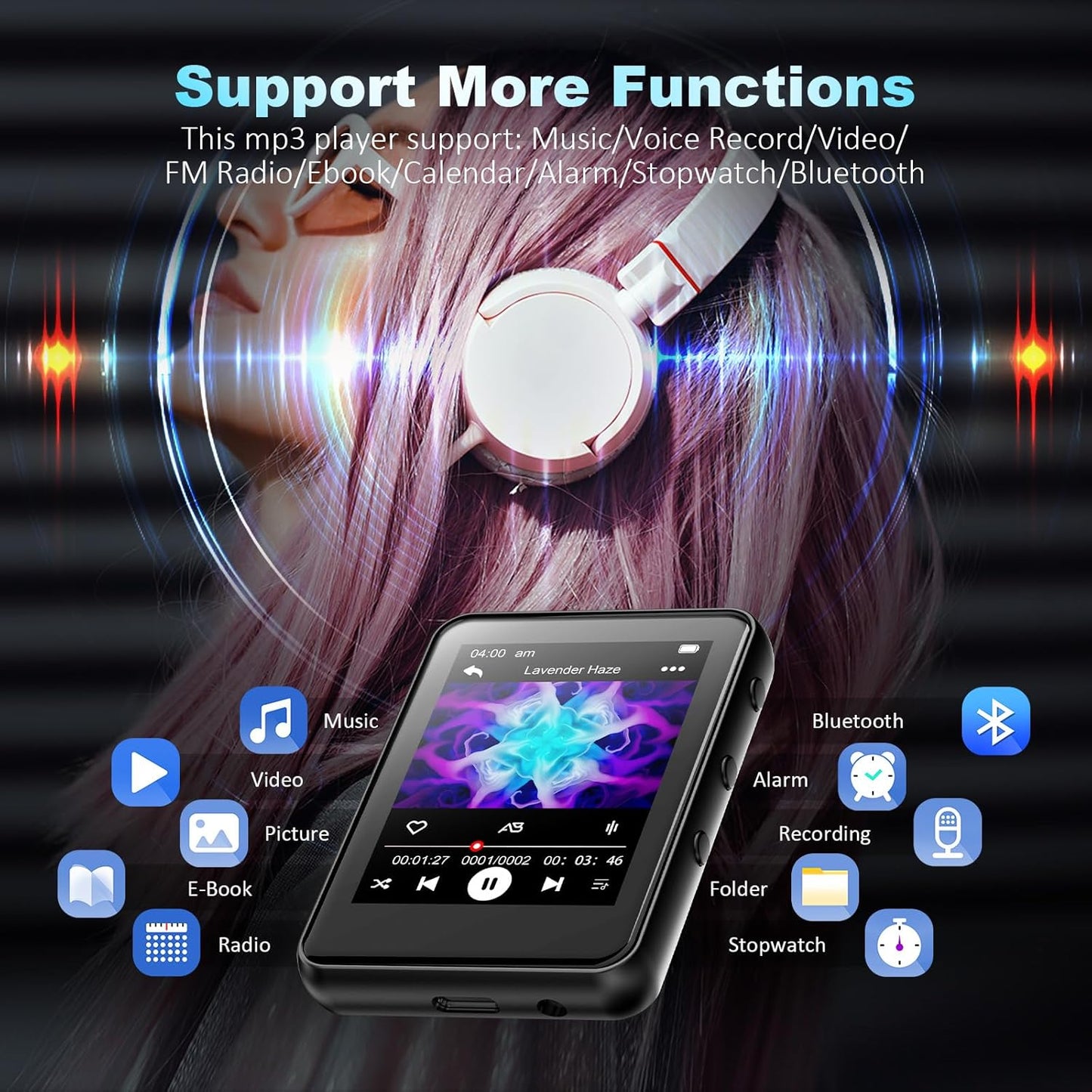 32GB MP3 Player with Bluetooth,Portable Digital Music MP3 MP4 Player for Music Lover with Voice Record FM Radio Alarm Stopwatch Built-in HD Speaker with 2.4'' Full Touch Screen and Super Light (Black)