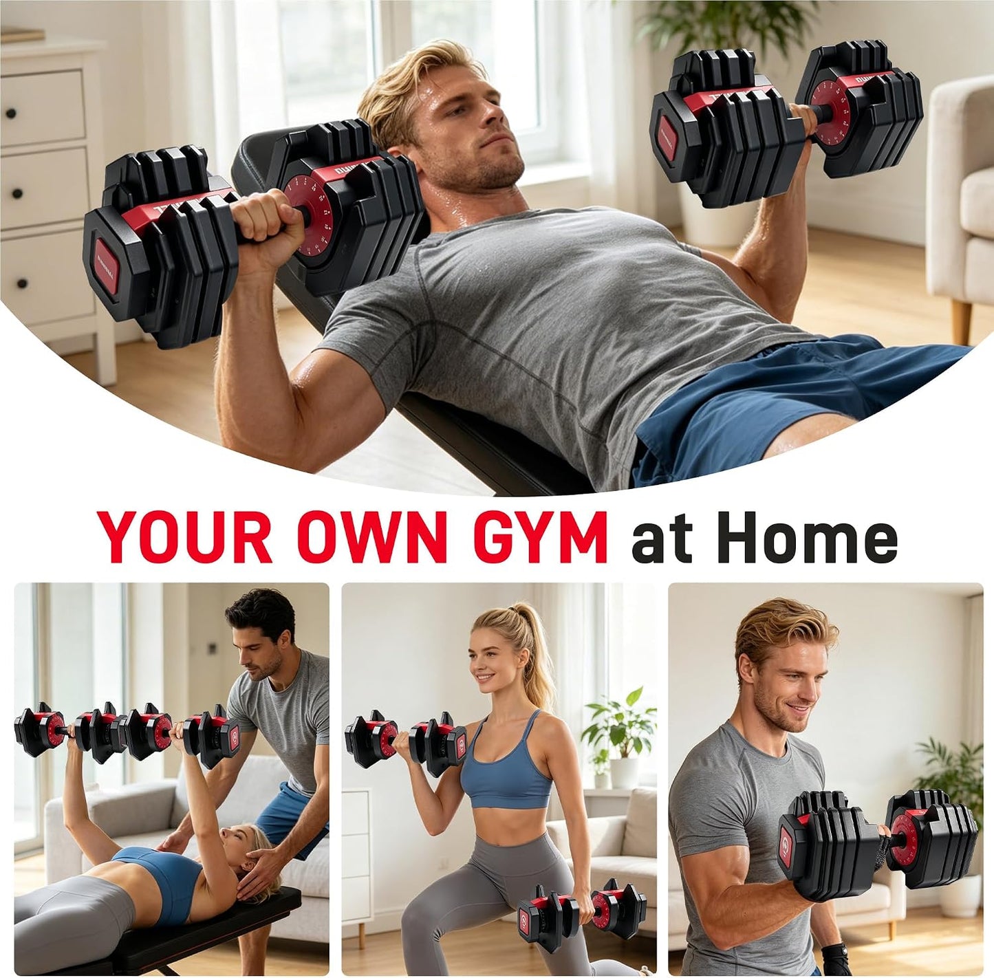 Adjustable Dumbbell Set (55lbs & 80lbs) (Single/Set of 2) with Free Gloves, Ropes & Hand Grips | 15 Adjustable Weight Settings, Space Efficient Compact Design, Easily Switch Exercises