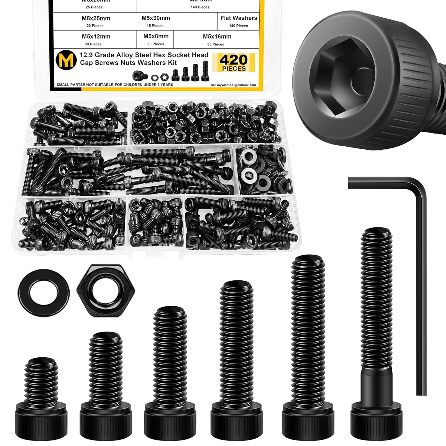 Mywish 900Pcs Metric Screw Assortment, M3 M4 M5 M6 Screw Assortment Kit 304 Stainless Steel Hex Socket Button Head Socket Cap Metric Screws Bolts & Flat Washers/Nuts/Hex Wrenches 16 Sizes 8MM to 20MM