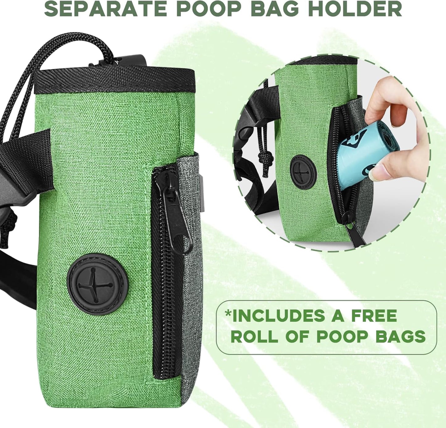 Upgraded Large-Sized Dog Treat Pouch with Waist Clip - Fashionable Green&Grey Design - Large Capacity Treat Bag for Dog Walks,Outdoor Activities, Travel and Training - Includes 1 Poop Bags