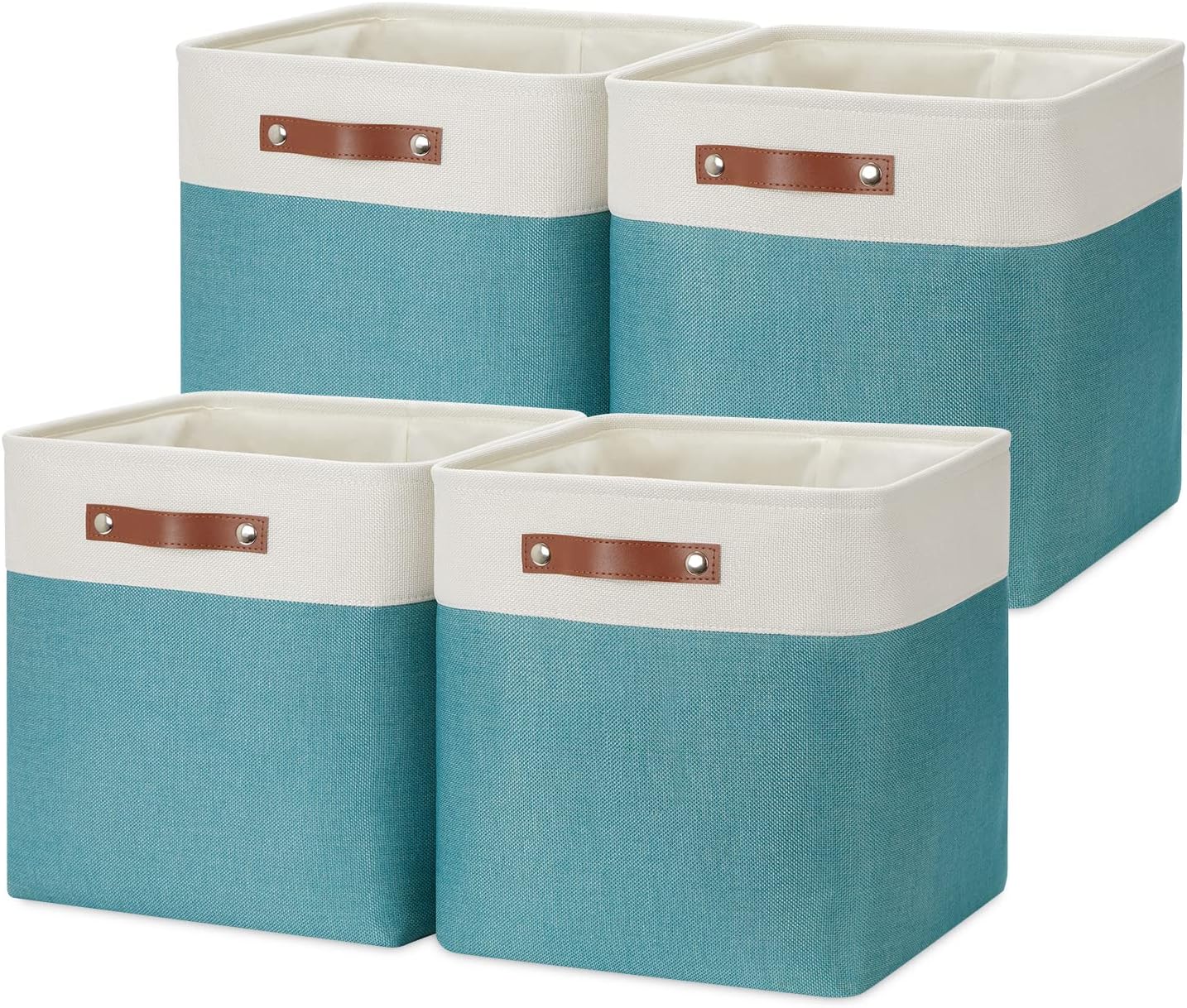 DULLEMELO Storage Baskets for Shelves, Fabric Collapsible Rectangular Storage Bins for Shelves, Closets, Nursery, Home, Office, Empty Gift Baskets (White&Teal)