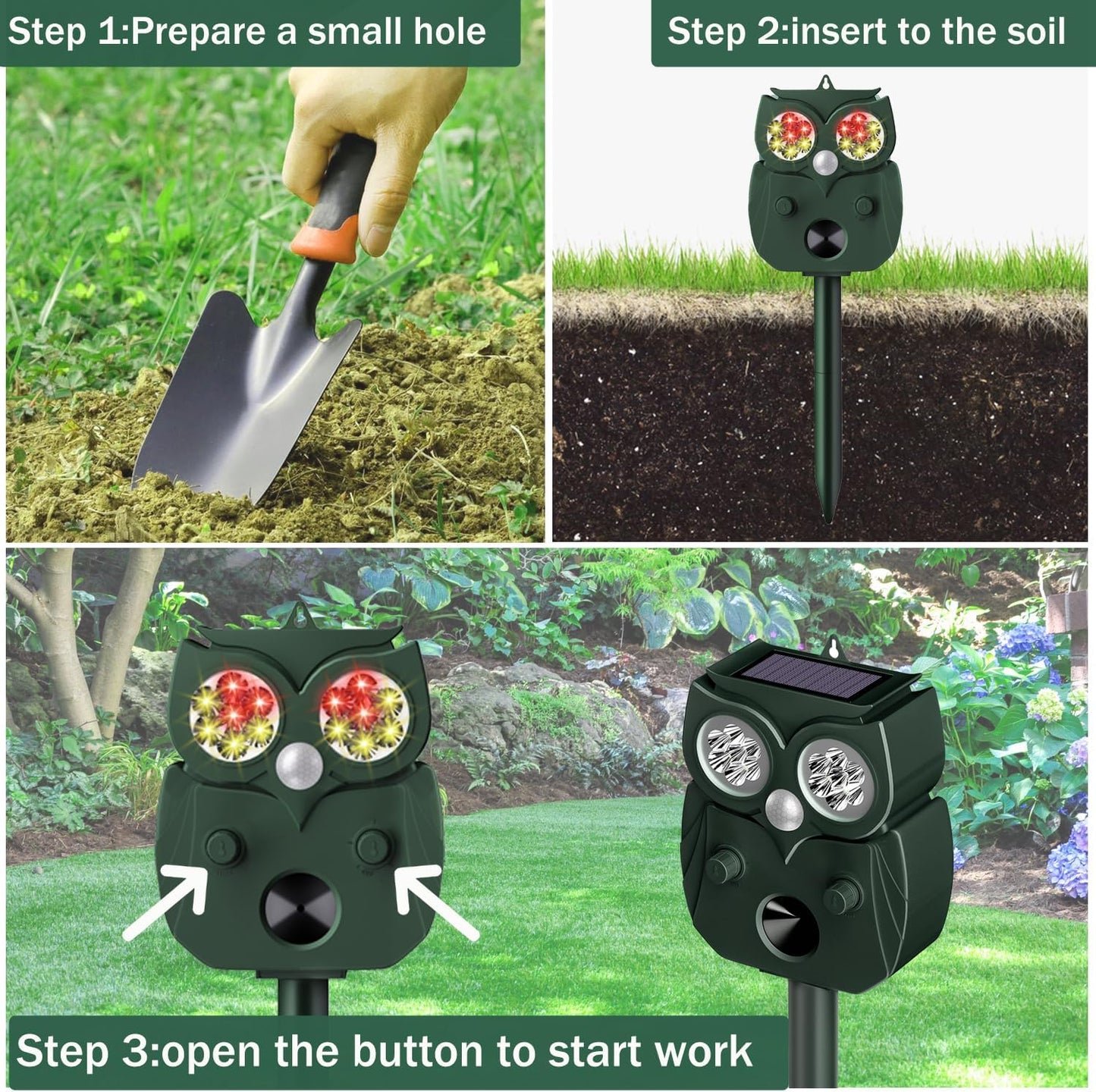 Animal Repellent Outdoor Solar Power with Motion Sensor & 4 Red/White Strobe Light,Waterproof Cat Deterrent Deer Repeller, Raccoon Squirrel Fox Rabbit Repellent Devices
