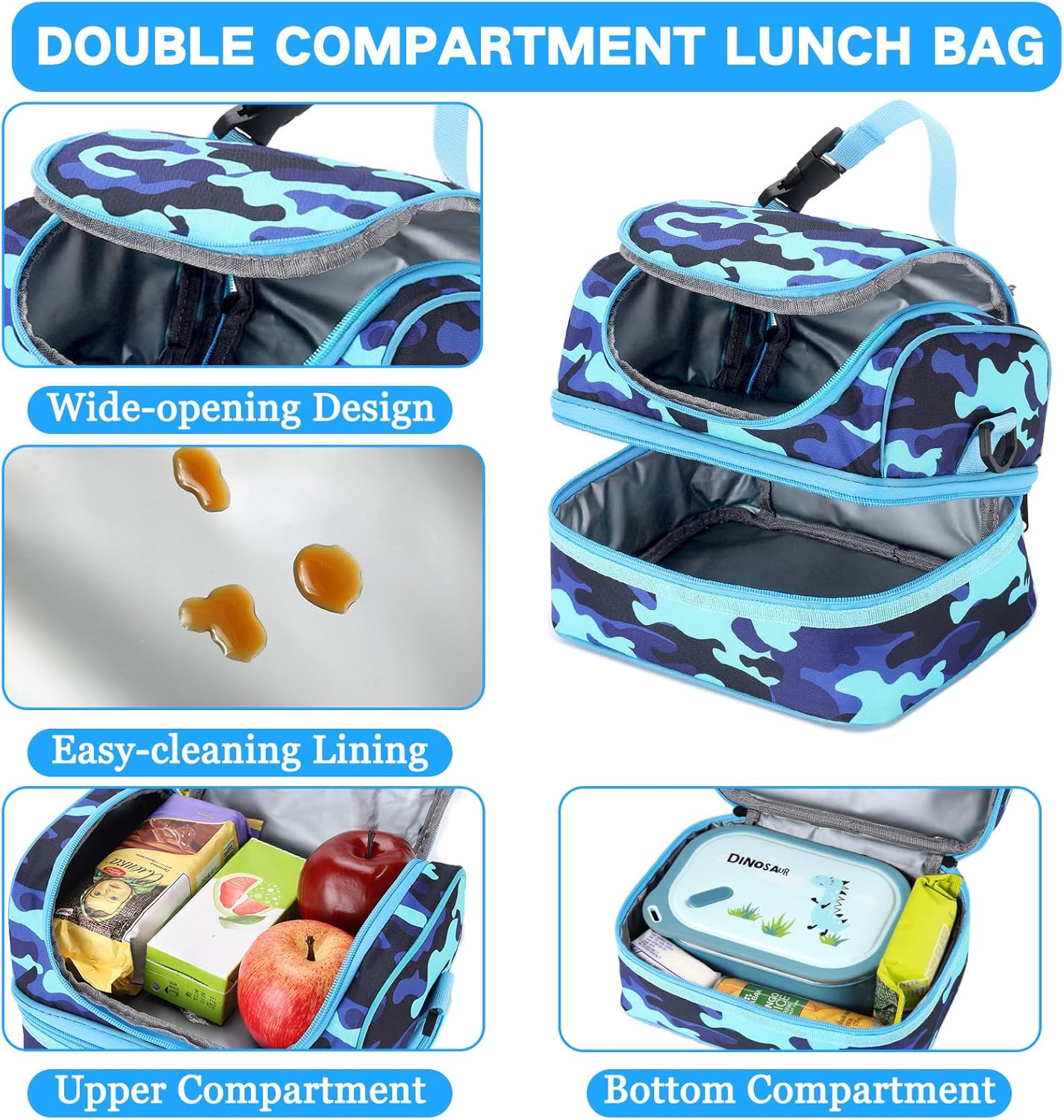 VASCHY Lunch Box Bag Men, Insulated Two Compartments Bento Cooler Bags for Adults/Women/Kids for School,Daycare,Kindergarten,Picnic Black