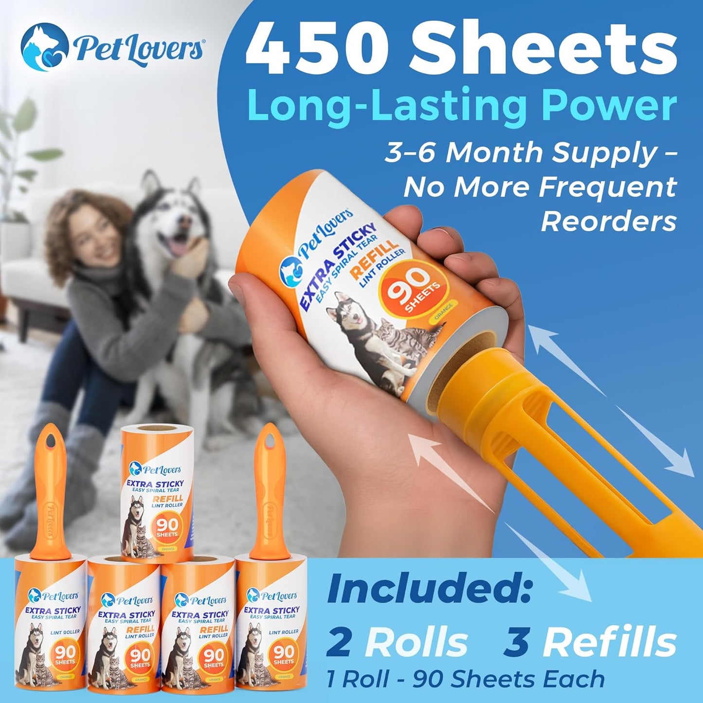 PetLovers Extra Sticky Lint Roller Mega Value Set for Pet Hair Removal, Dog and Cat Lint Remover (1 Pack Reusable)
