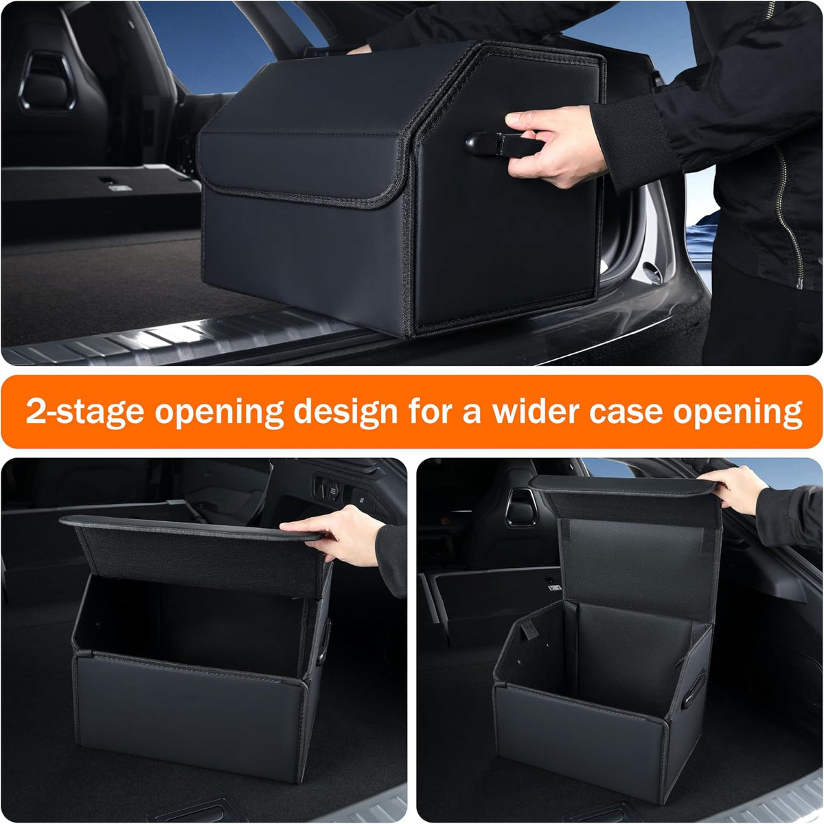 Trunk Organizer,car organizers and storage,black Leather Storage Box with lid,38cm(L) x 33cm(B) x 31.5cm(H),Fiberboard,Collapsible,2K inches³(size A)