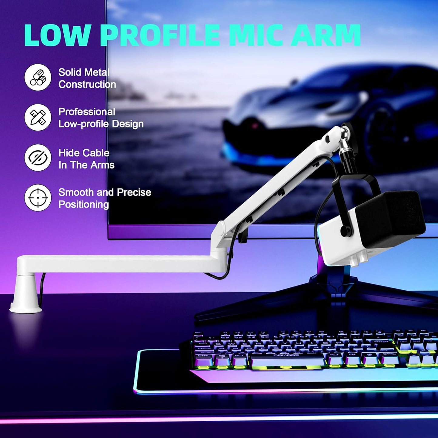 Microphone Boom Arm, Low Profile Mic Arm Professional Adjustable Solid Desk Mount Clamp,Cable Management Microphone Arm Stand for Podcast Streaming Gaming Studio Mic Stand White