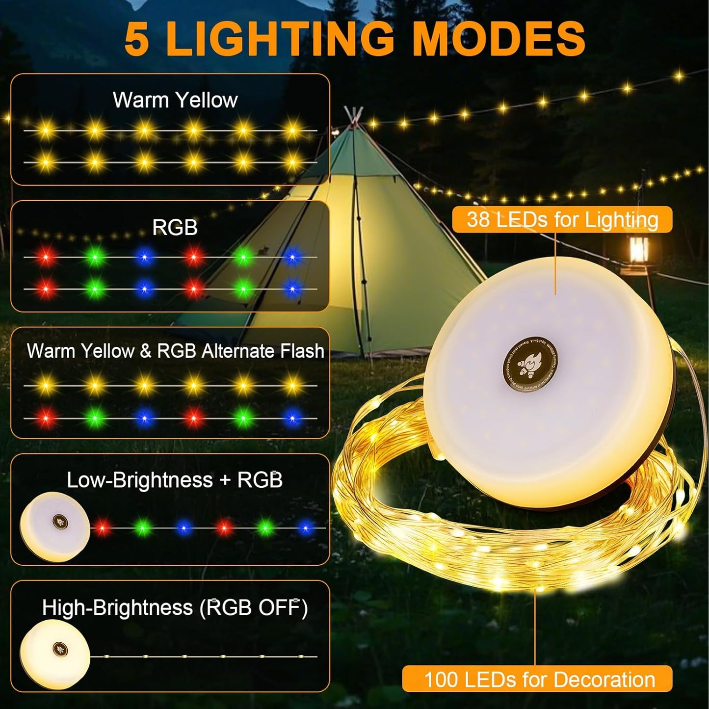 RISEMART Camping String Lights Retractable 33FT, Camping Lights with Solar Charging Waterproof Rollable String Lights Outdoor with 5 Lighting Modes for Tent Hiking Yard Party Festival Decoration