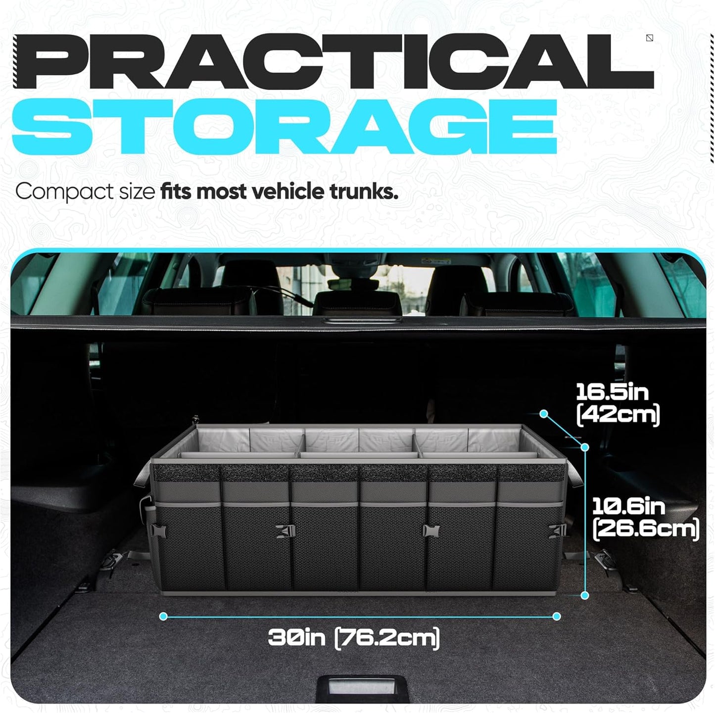 FORTEM Car Trunk Organizer, Collapsible Multi Compartment Car Organizer, Foldable SUV Storage for Car Accessories for Women Men, Non Slip Bottom, Securing Straps, Soft Cover 50L (Black, Standard)
