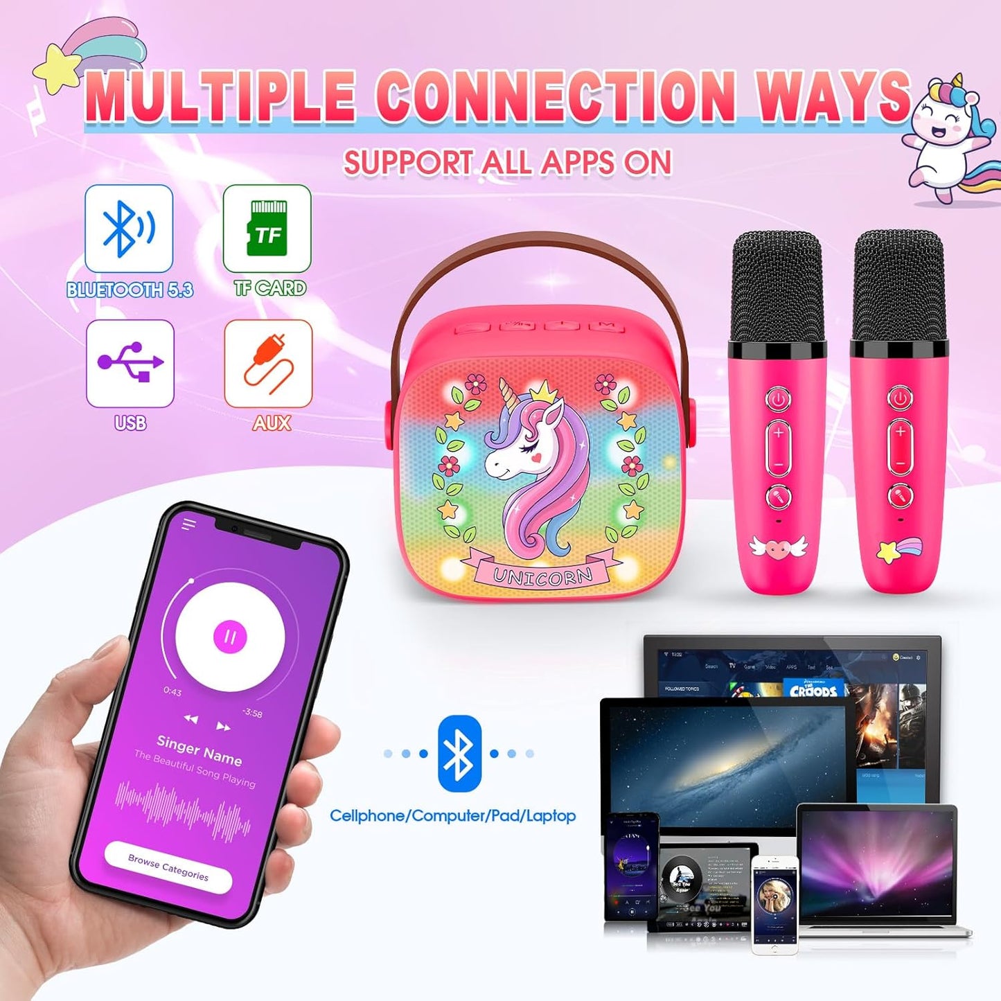 Mini Karaoke Machine for Kids, Exssary 3 4 5 6 7 8-12 Year Old Girl Gifts Portable Bluetooth Speaker with 2 Wireless Microphone Unicorn Toys Birthday Gifts for Girls Kids Teens (Pink)