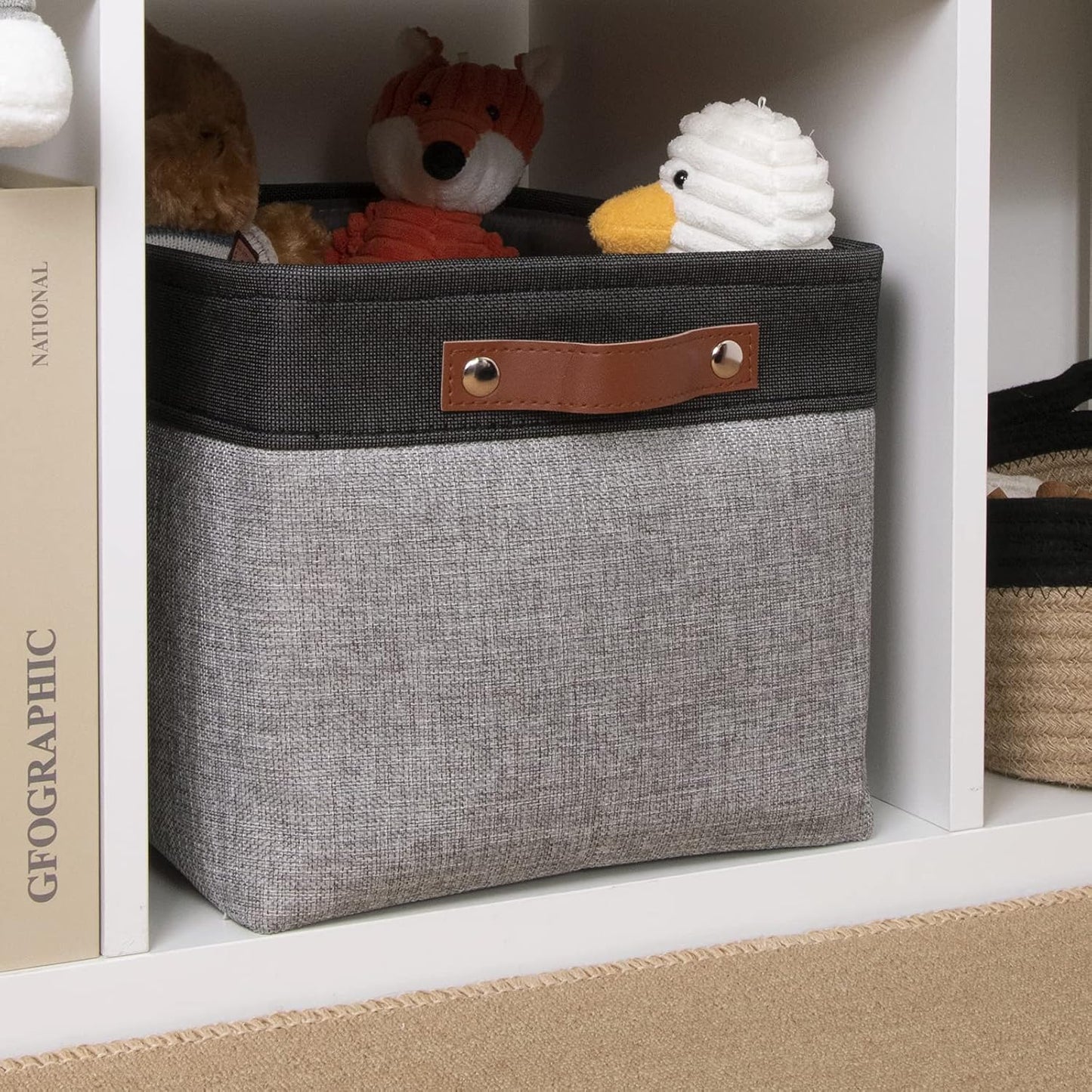 DULLEMELO Storage Baskets for Shelves, Fabric Collapsible Rectangular Storage Bins for Shelves, Closets, Nursery, Home, Office, Empty Gift Baskets (White&Teal)