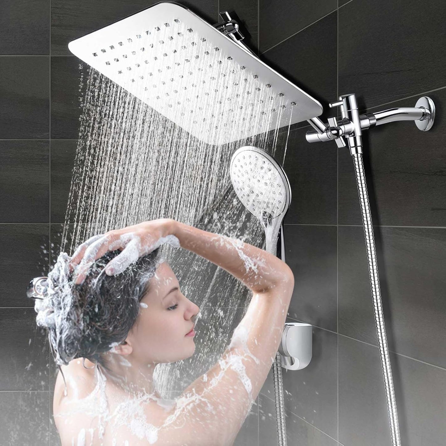 COSYLAND Rain Shower Head with Handheld - 304 Stainless Steel High Pressure 8 inch Square Rainfall Showerhead Combo with 5 Spray Mode 11 inch Extension Adjustable Arm & 60 inch Hose - Chrome