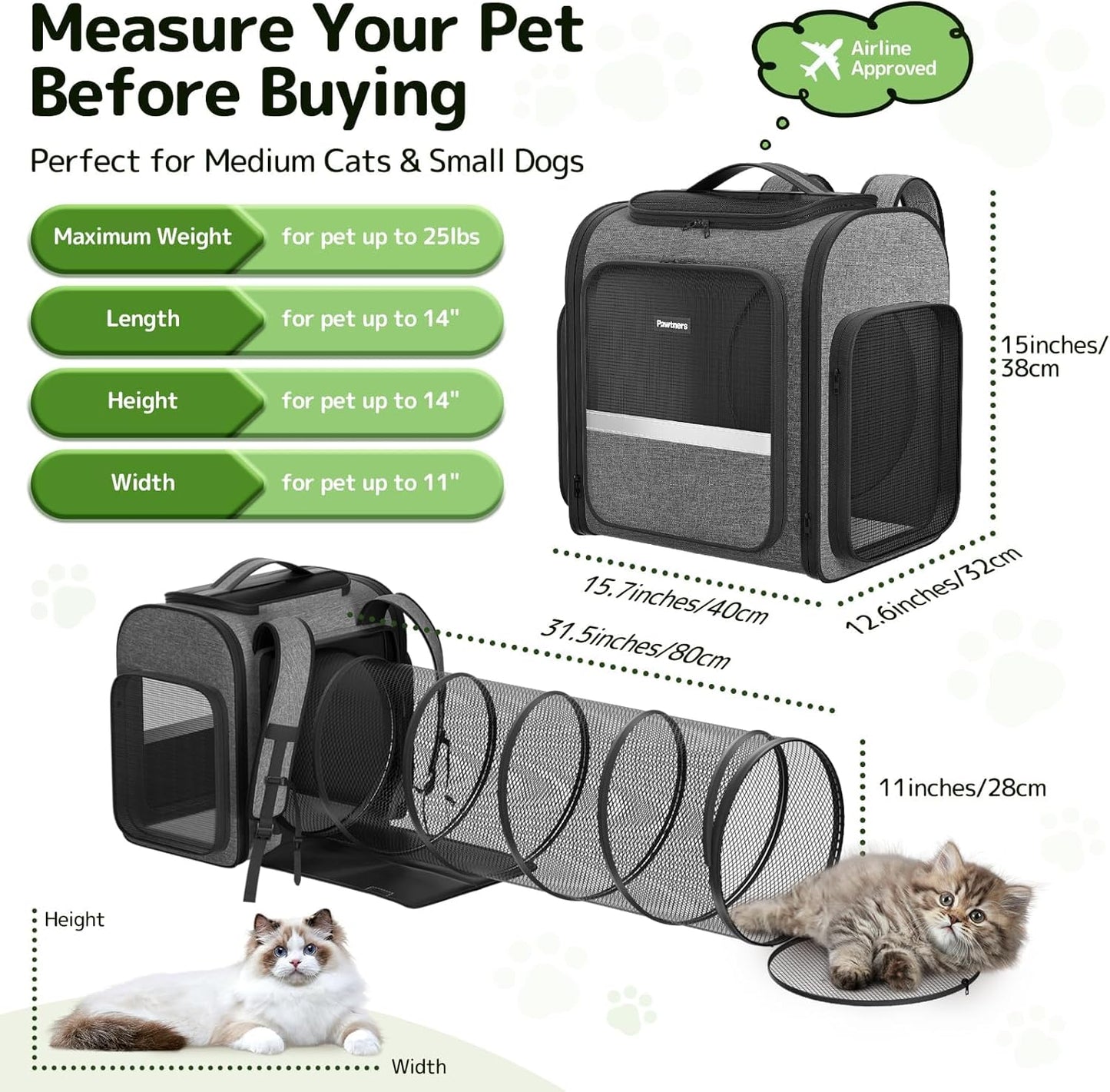 Cat Carrier Backpacks Pawtners Expandable Cat Backpack with Breathable Mesh, Pet Carrier Backpack for Cats Small Dogs Puppies Up to 25 LBS, Dog Carrier Backpack for Travel Hiking Camping Outdoor