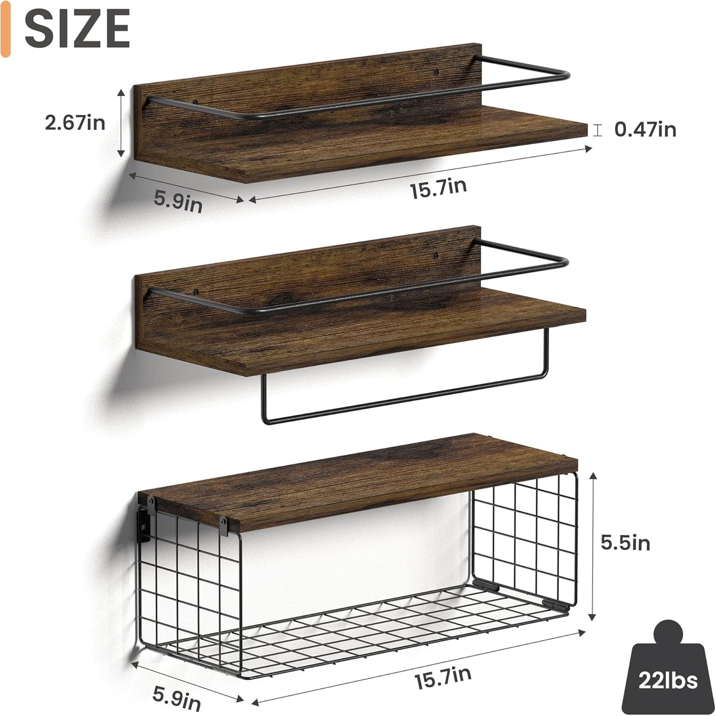 Bathroom Shelves with Wire Storage Basket, Wood Wall Mounted Floating Shelves Over Toilet Paper Holder with Towel Bar for Bedroom, Living Room, Kitchen and Bathroom
