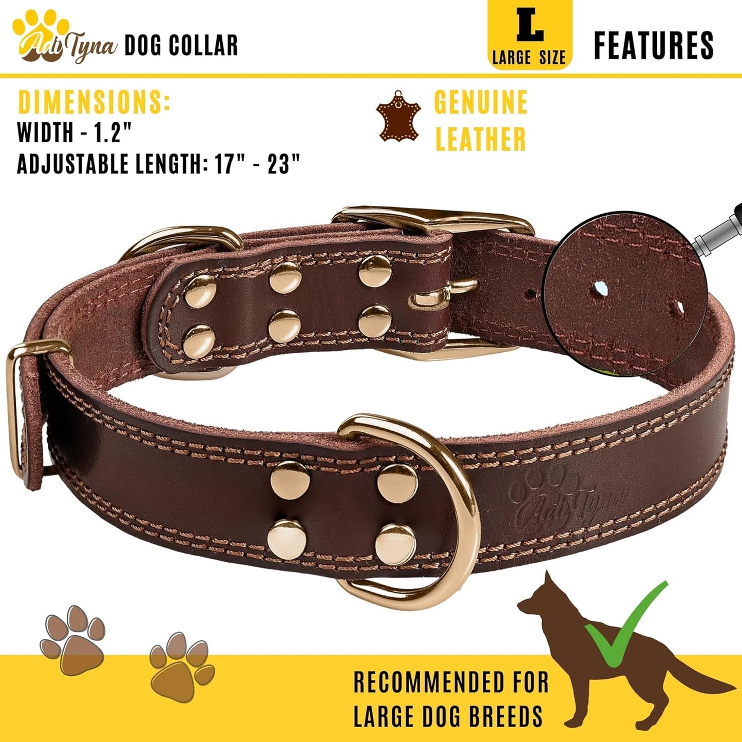 ADITYNA Heavy-Duty Leather Dog Collar for Medium Dogs - Soft and Strong, 100% Genuine Leather - Collier Pour Chien (Medium: Fit 13" - 20" Neck, Brown)