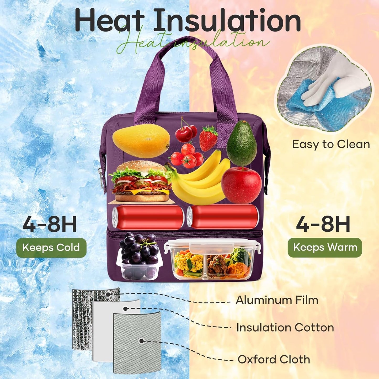 Lunch Bag Insulated Lunch Box Leakproof Lunch Tote Bags for Women Men,Portable Thermal Cooler Bag Lunch Containers with Shoulder Strap for Work, Family, Picnic, School, Outdoor,BBQ C2-Pinkpurple