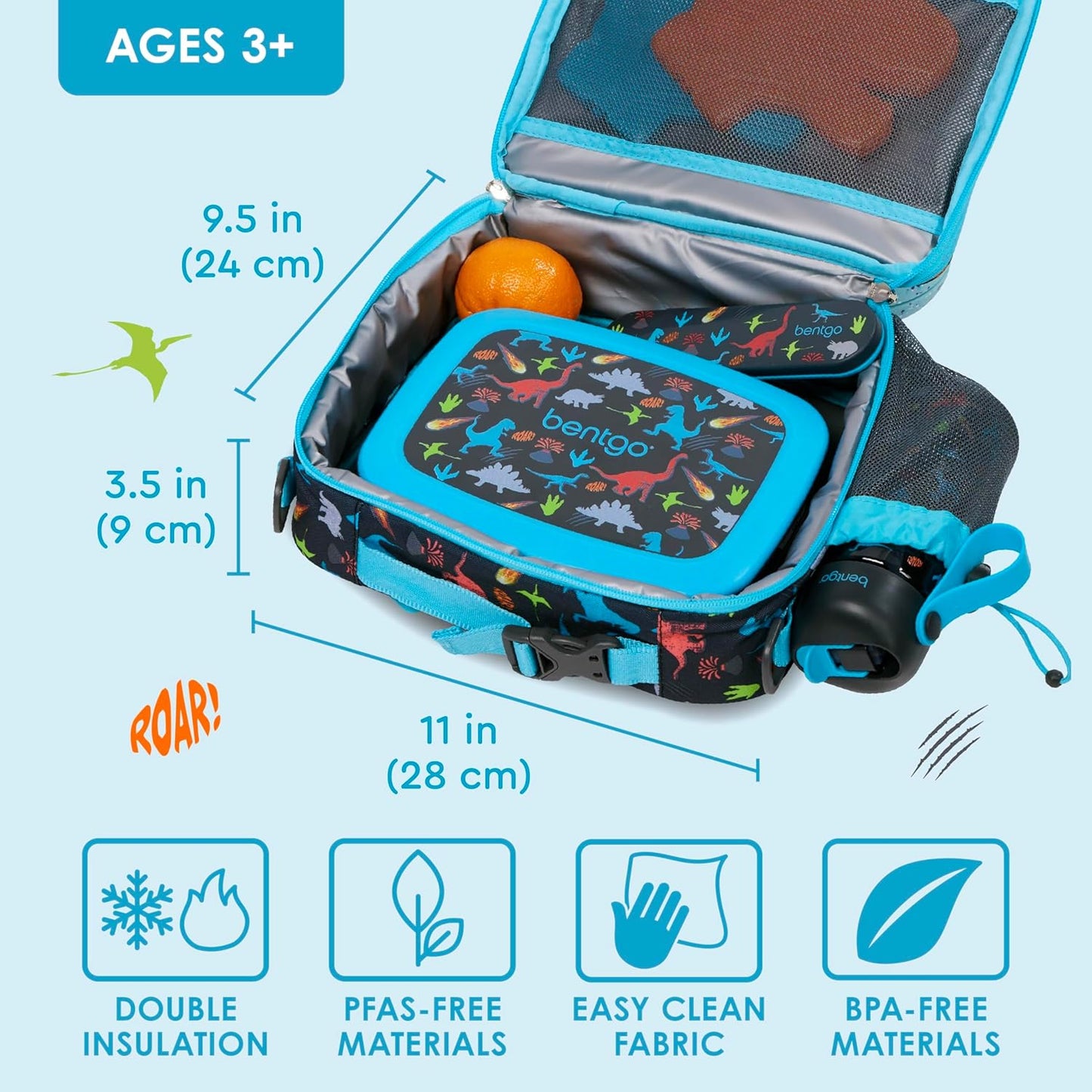 Bentgo® Kids Lunch Bag - Durable, Double Insulated, Water-Resistant Fabric, Interior & Exterior Zippered Pockets, Water Bottle Holder - Ideal for Children 3+ (Shark)