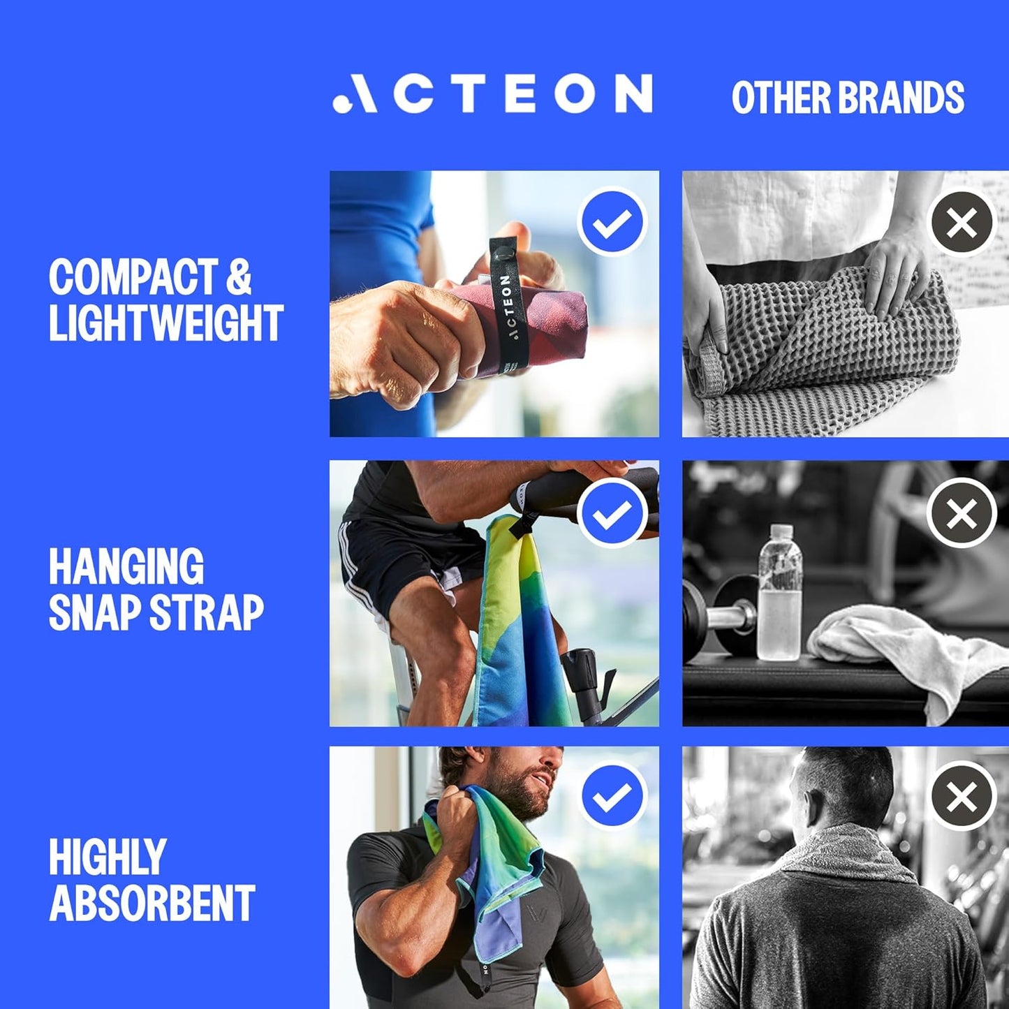 Acteon Microfiber Quick Dry Gym Towel, Silver ION Odor-Free Mega Absorbent Fiber Fast Drying Men Women Workout Gear for Body Sweat, Beach, Camping, Working Out Travel Towels