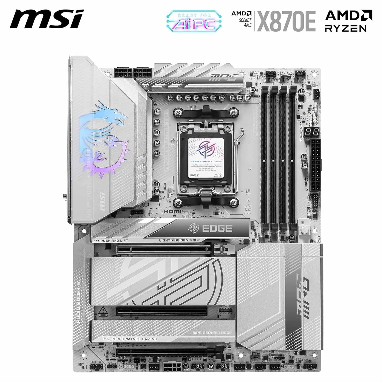 MSI MPG X870E Edge TI WiFi Gaming Motherboard (AMD Ryzen 9000/8000/7000 Series Processors, AM5, DDR5, PCIe 4.0, M.2, SATA 6Gb/s, USB 3.2 Gen 2, HDMI/DP, Wi-Fi 7, Bluetooth 5.3, 2.5Gbps LAN, ATX)