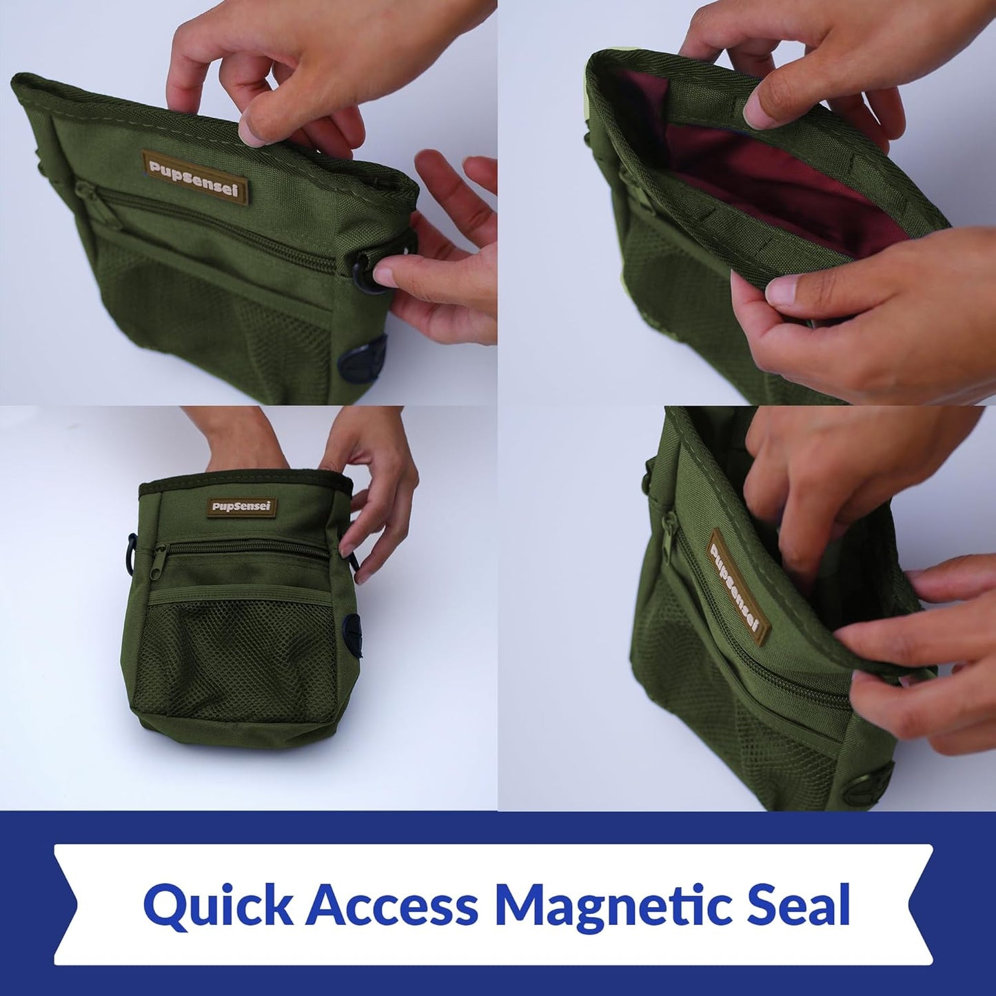 PupSensei Dog Treat Pouch, Durable Oxford Polyester, No-Spill Magnetic Closure, Treat Pouches for Pet Training with Metal Clip, Waist Belt, Adjustable Strap, Poop Bag Dispenser (Army Green)