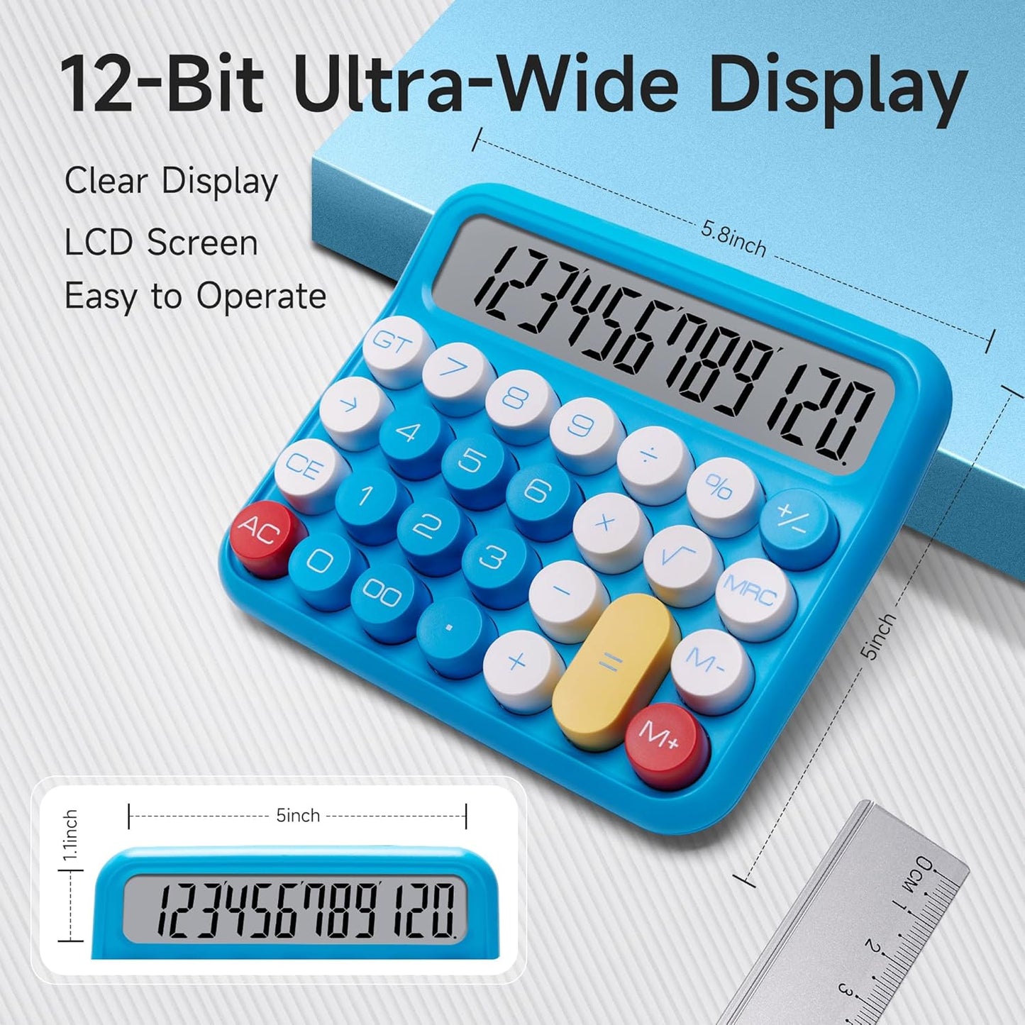 VEWINGL Mechanical Switch Calculator, 12 Digit Large LCD Display and Buttons, Great for Everyday Life and Basic Office Work, with Battery